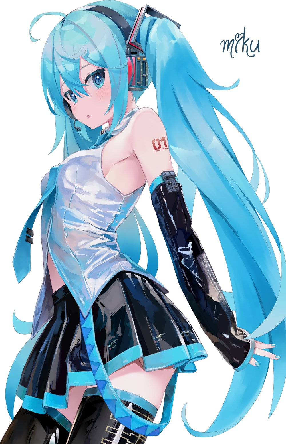 1girls 2d black_skirt blue_eyes blue_hair blush detached_sleeves female female_only hatsune_miku headphones headphones_on_head leather_clothing looking_at_viewer low-angle_view miniskirt not_porn opened_shirt partially_open_shirt safe safe_for_work sfw short_skirt shoulderless_topwear skirt solo_female takepon tattoo thighhighs tie twintails very_long_hair vocaloid yamaha