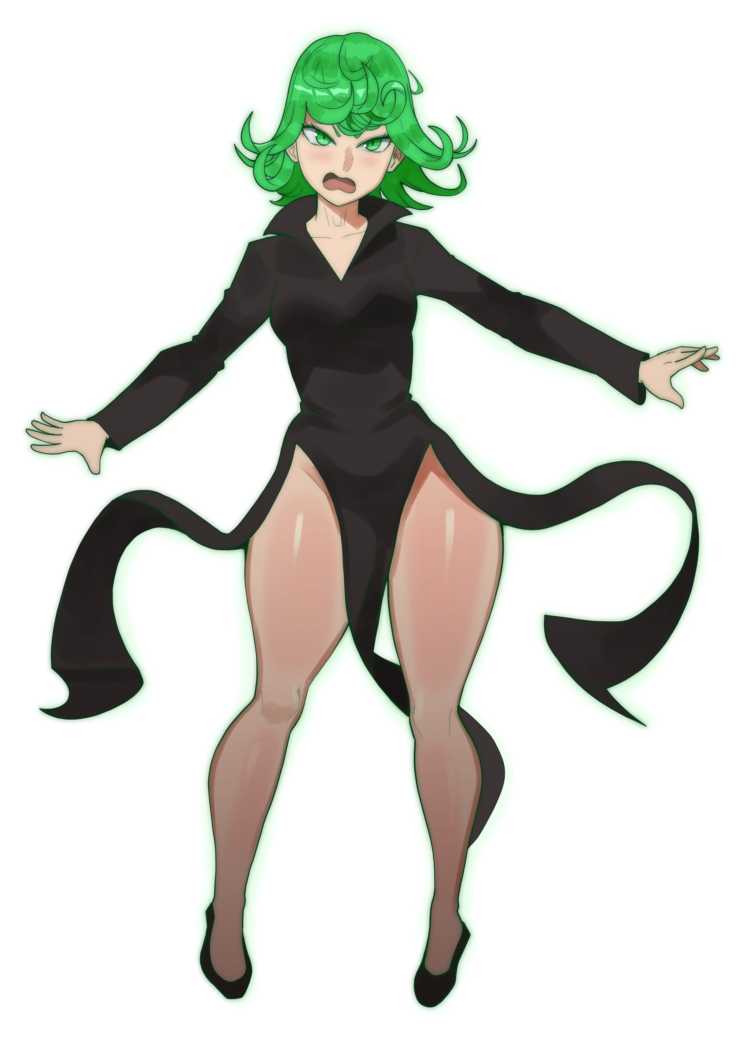 1girls, breasts, doublehero, female, green eyes, green hair, light skin, light-skinned female, no panties, one-punch man, short hair, shortstack, simple background, small breasts, tatsumaki, thick thighs, wide hips