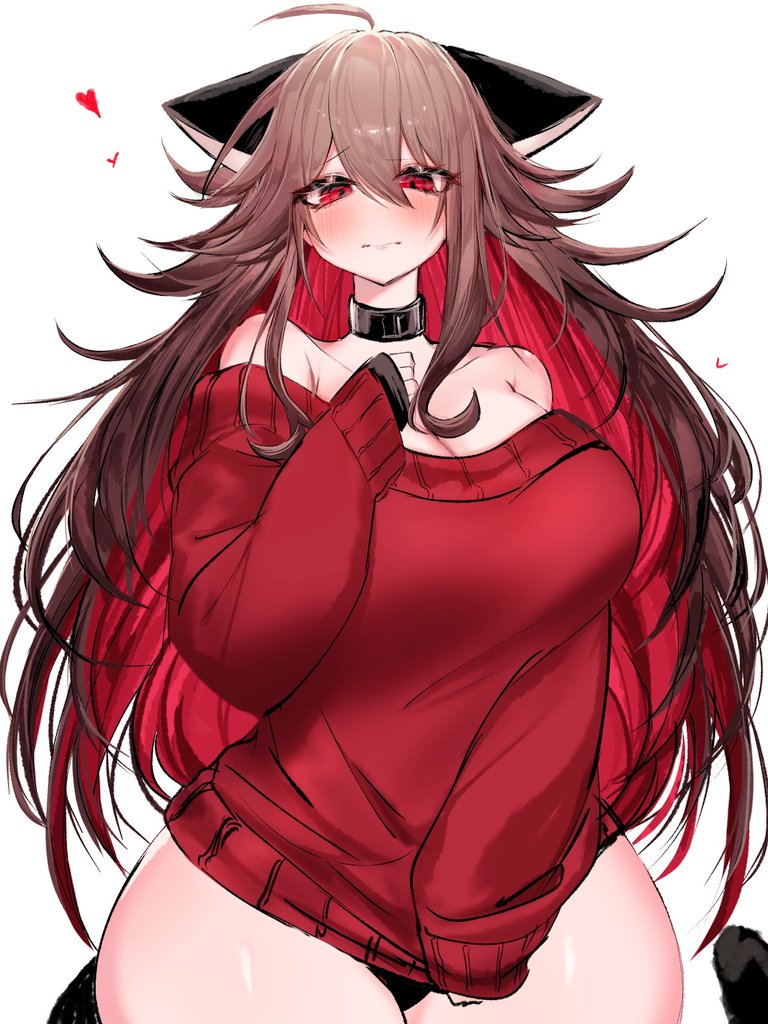 ass, big ass, big breasts, big thighs, blush, breasts, brown hair, cat ears, cat girl, cat tail, catgirl, collar, cute, feline, female, friday night funkin, gigantic ass, gigantic breasts, gigantic thighs, girlfriend (friday night funkin), huge ass, huge breasts, huge thighs, long hair, looking at viewer, panties, red eyes, red hair, sweater, tagme, thick hips, thick thighs, thighs, usa37107692