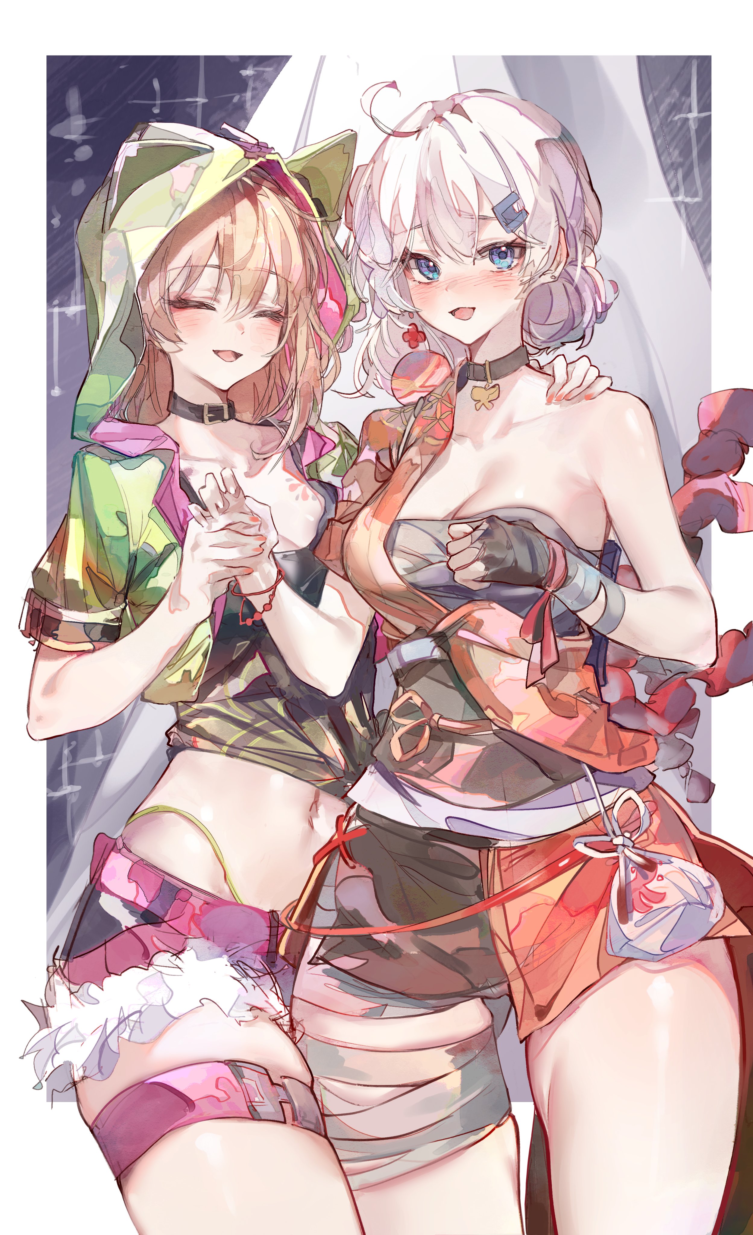 2girls, blonde hair, blue eyes, blush, breasts, closed eyes, cocoballking, cosplay, cosplaying as character, costume switch, crossover, female, female focus, female only, genshin impact, honkai (series), honkai impact 3rd, hood up, kiana kaslana, kiana kaslana (cosplay), looking at viewer, medium breasts, sarashi, shy, smile, smiling, smiling at viewer, tagme, tagme (artist), tattoo, white hair, yoimiya (genshin impact), yoimiya (genshin impact) (cosplay)