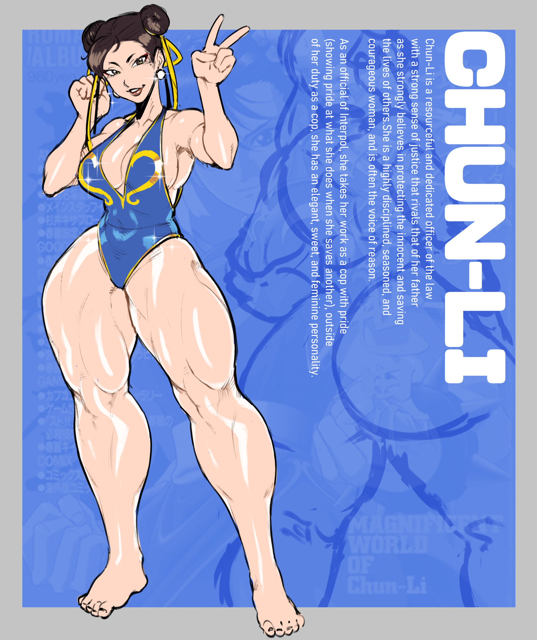 1girls, ass, bare shoulders, barefoot, breasts, brown eyes, brown hair, brycecarringto5, chun-li, cleavage, female, female only, muscular, muscular female, peace sign, short hair, sketch, smile, street fighter, swimsuit, tagme, text, thick thighs, wide hips