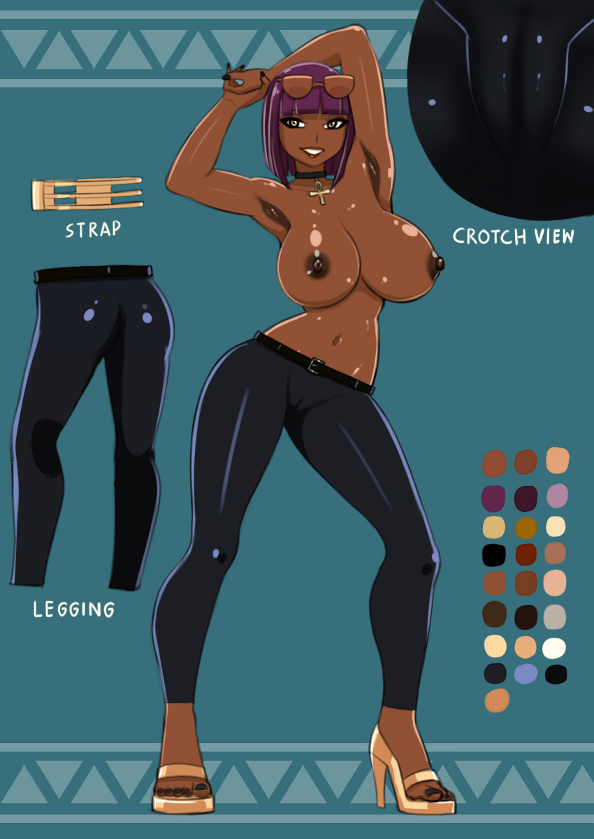 areolae armpits arms_up ass athletic athletic_female bangs berry_(saberrung) big_breasts bob_cut breasts bubble_butt busty cameltoe character_sheet choker collar dark-skinned_female dark_skin egyptian female female_focus female_only full_body high_heels hourglass_figure large_breasts leather_pants lipstick nail_polish navel nipples panties pendant pinup pinup_pose pose posing purple_hair saberrung short_hair skin_tight standing sunglasses_on_head tagme toenail_polish topless wide_hips