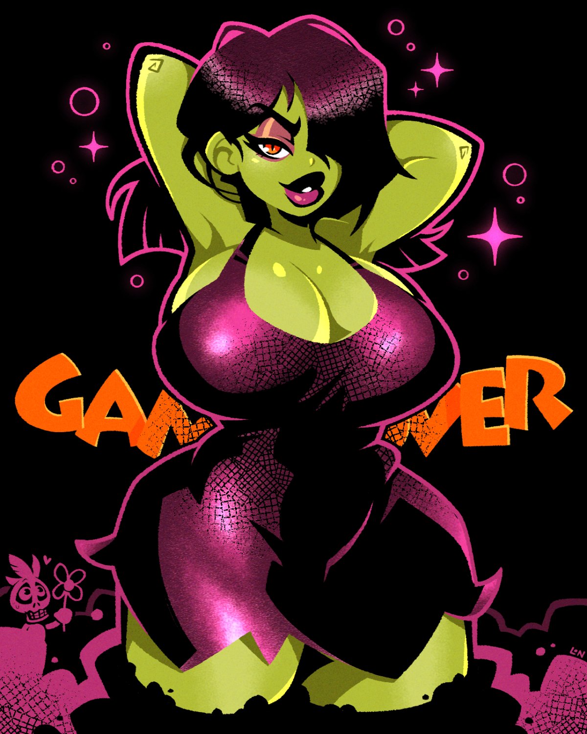 1girls after_transformation bad_ending banjo-kazooie big_breasts big_lips black_dress black_hair breasts cleavage dress eyelashes flower game_over game_over_gruntilda green_body green_skin gruntilda hair_over_one_eye hands_behind_head huge_breasts legendofnerd lips mascara mumbo_jumbo_(banjo_kazooie) orange_eyes pose posing posing_for_the_viewer shiny shiny_clothes shiny_hair shiny_skin short_hair skull slim slim_waist smile tagme thick_thighs voluptuous wide_hips