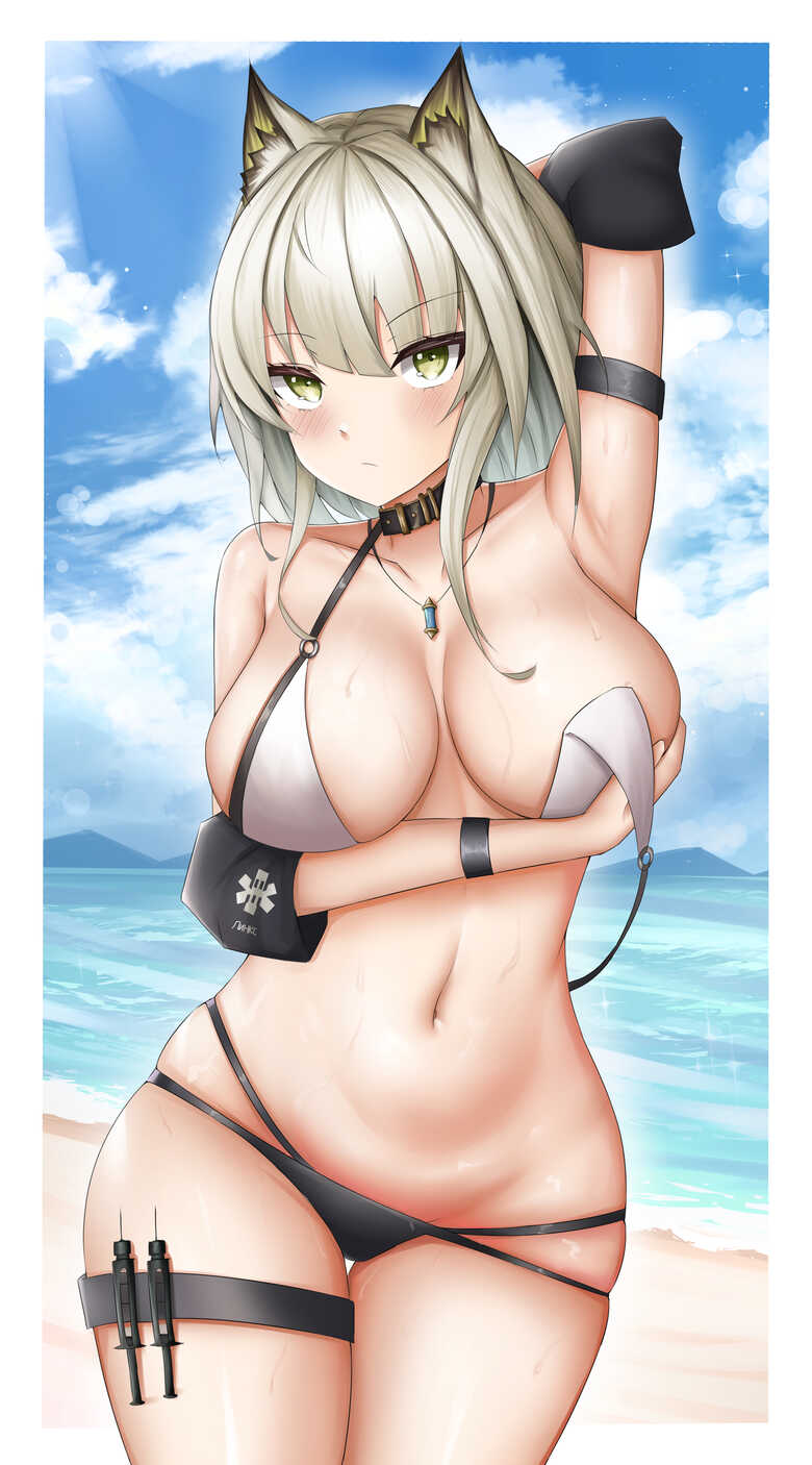 1girls 2023 animal_ear_fluff animal_ears arknights arm_up beach bikini blush bra_down breasts cat_ears catgirl hi_res kal'tsit_(arknights) kemonomimi large_breasts light-skinned_female light_skin looking_at_viewer namikare navel necklace outdoors outside short_hair solo standing swimsuit swimwear thick_thighs thigh_strap thighs underwear wet white_hair