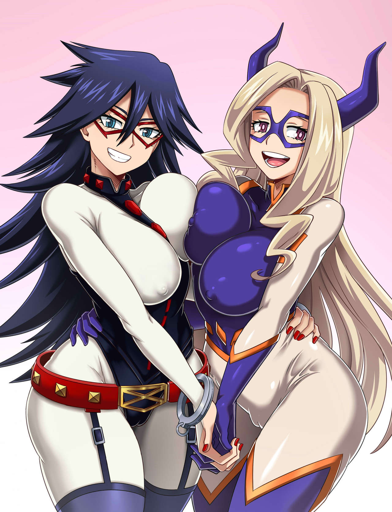 2girls, alternate version available, big breasts, black thighhighs, blonde hair, blue eyes, bodysuit, breast to breast, breasts, cameltoe, domino mask, erect nipples, eyewear, female, female only, garter straps, hand on hip, handcuffs, handwear, hero outfit (mha), hips, holding hands, huge breasts, legwear, long hair, midnight (my hero academia), mount lady, multiple females, multiple girls, my hero academia, nail polish, nails, nemuri kayama, nipples, nipples visible through clothing, purple eyes, purple hair, pussy, red nail polish, red nails, sano-br, smile, superheroine, thick thighs, thighhighs, thighs, wide hips, yuu takeyama