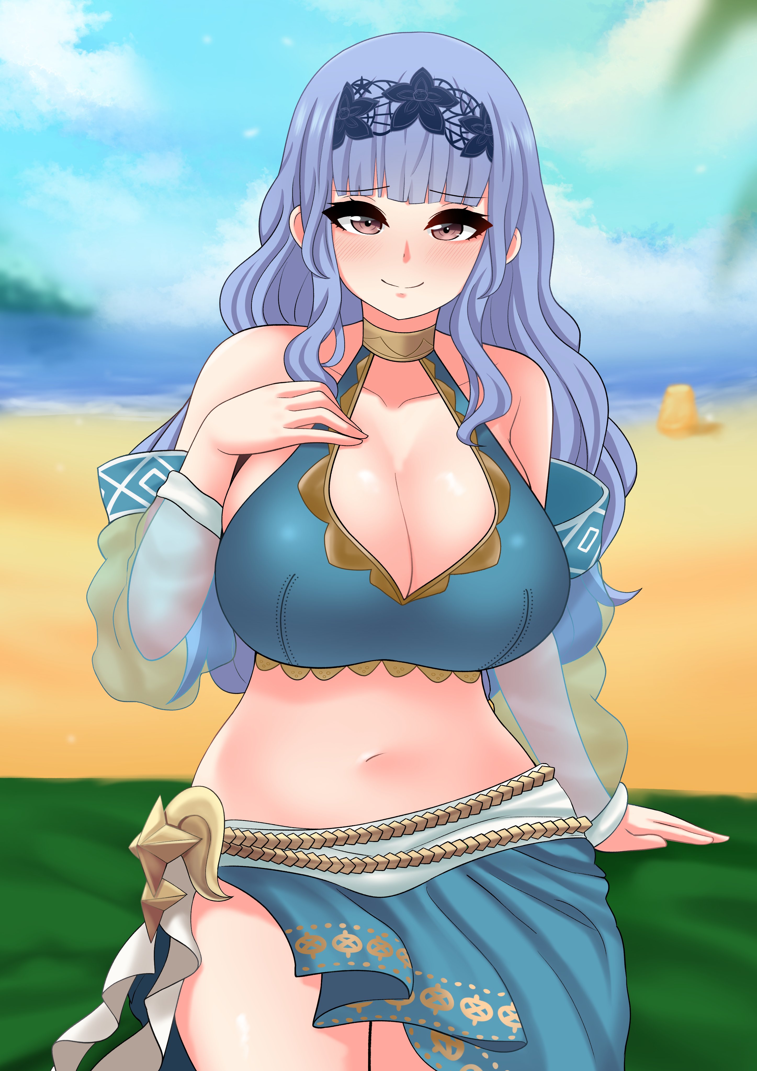 1girls, alternate costume, alternate hairstyle, alternate version available, beach, blue bikini, blue hair, blue swimsuit, breasts, cleavage, female, fire emblem, fire emblem heroes, fire emblem warriors: three hopes, fire emblem: three houses, hair down, highres, huge breasts, light skin, light-skinned female, long hair, marianne von edmund, marianne von edmund (summer), nintendo, official alternate costume, official alternate hairstyle, outdoors, smile, swimsuit, the only shoe, thick thighs