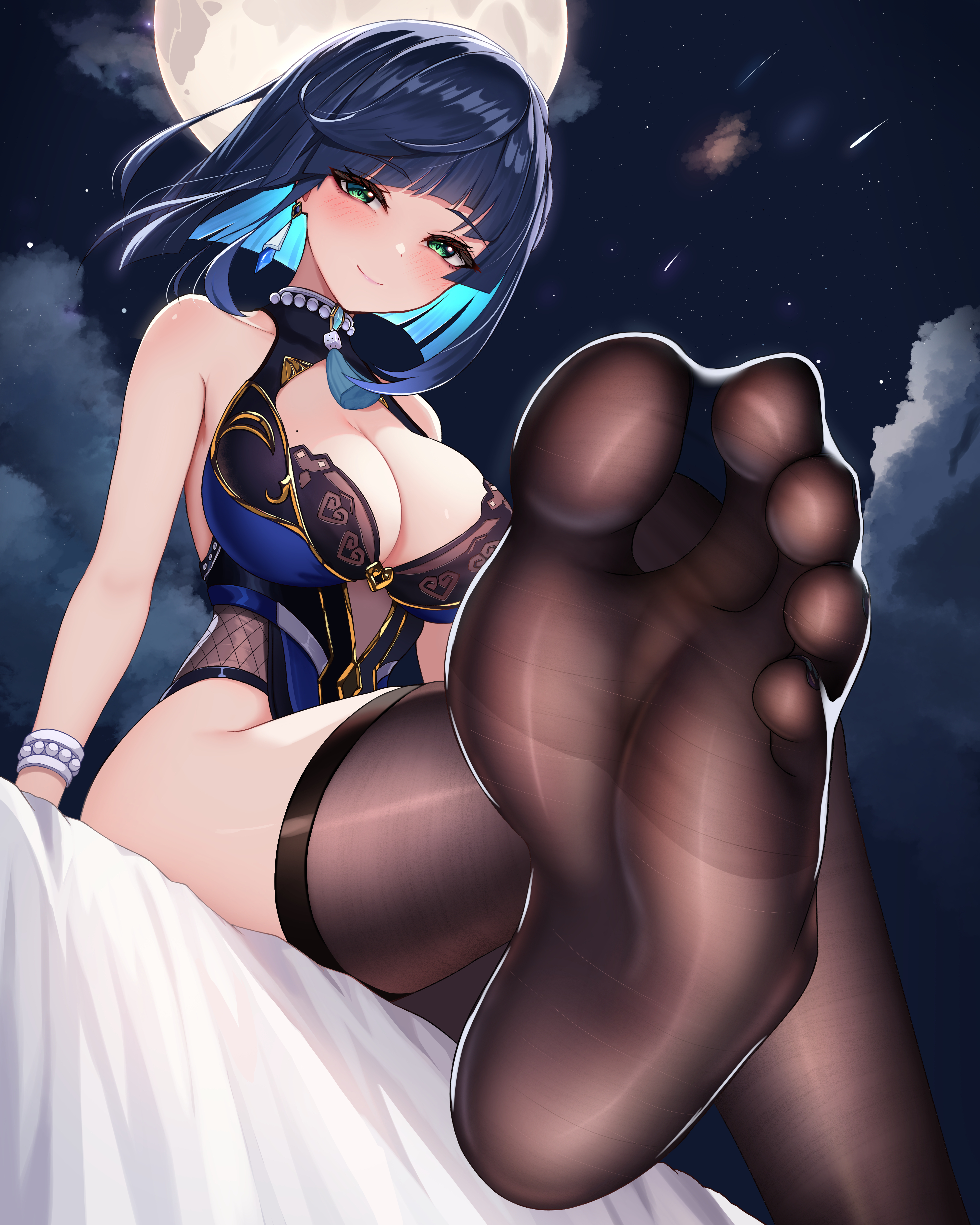 1girls, blue hair, breasts, damao yu, feet, feet visible through clothing, female, foot fetish, genshin impact, greek toe, green eyes, hi res, highleg leotard, huge breasts, large breasts, leotard, light skin, light-skinned female, naughty face, short hair, smile, soles of feet in socks, toes visible through clothing, yelan (genshin impact)
