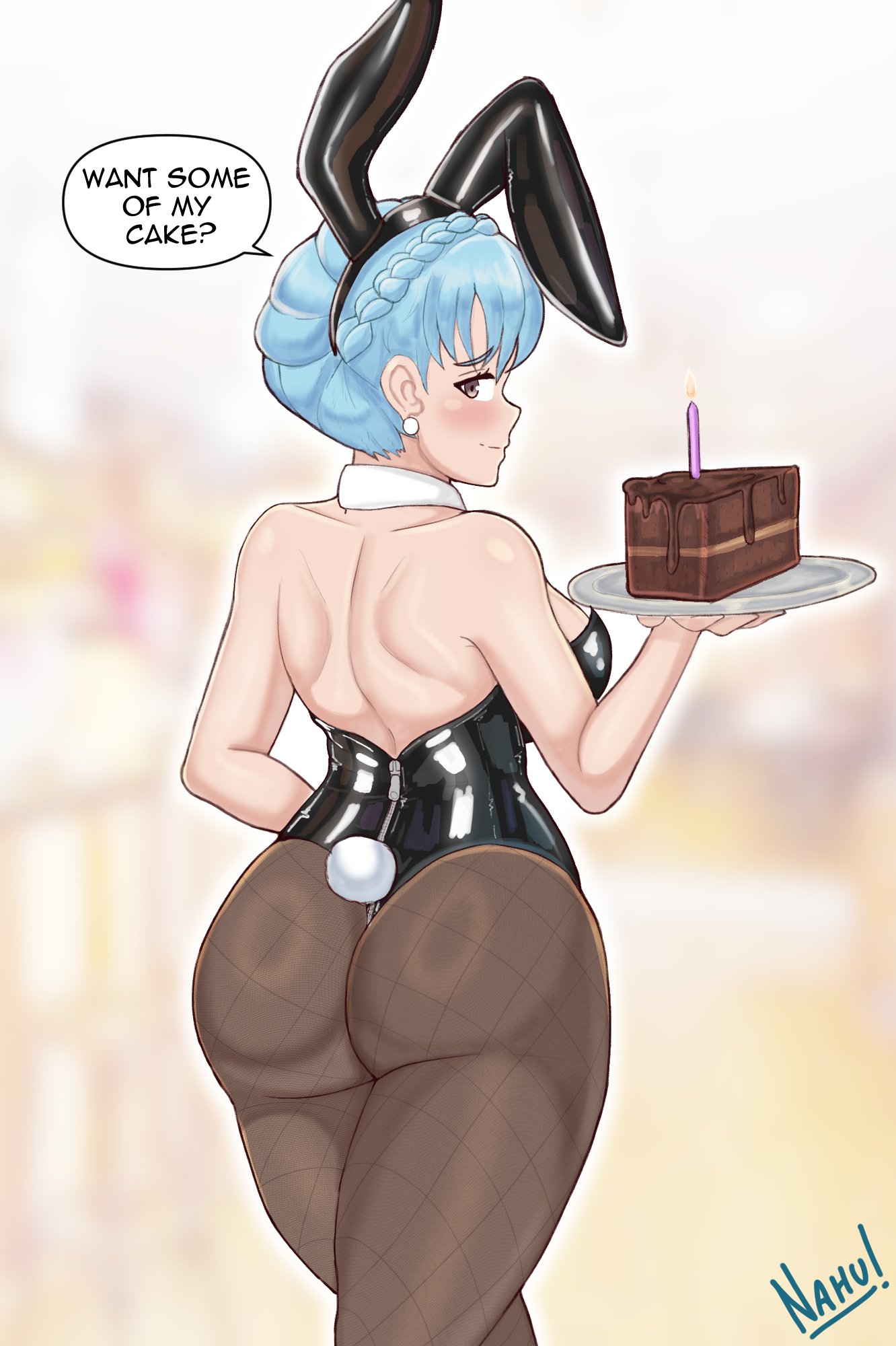 1girls, alternate costume, ass, ass focus, back, back view, backless outfit, bare back, big ass, blue hair, breasts, bunny ears, bunny girl, bunny tail, bunnysuit, cake, english text, female, female only, fire emblem, fire emblem: three houses, fishnet legwear, fishnets, grey eyes, inviting, looking at viewer, looking back, marianne von edmund, medium breasts, nahusmash, nintendo, pantyhose, playboy bunny, solo, text, thighs, waitress