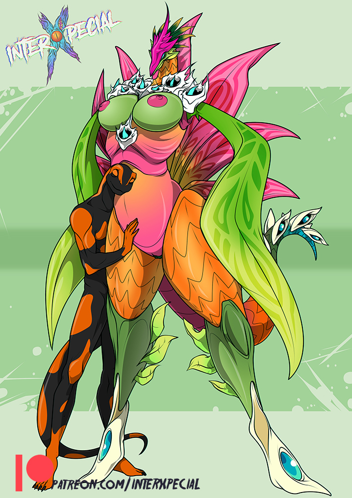 4_toes 5_fingers amphibian anthro black_body breasts closed_eyes duo elemental_creature feet female fingers fire_salamander flora_fauna florami flower_accessory flower_garland genitals green_background green_body green_breasts green_eyes hand_on_stomach head_on_belly interxpecial larger_female leaf_arms leg_markings male male/female markings max_(maxdamage_rulz) multicolored_body nipples nude orange_body petals pink_body pink_nipples plant pussy salamander signature simple_background size_difference smaller_male smile spectrobe spectrobes standing thigh_markings toes two_tone_body