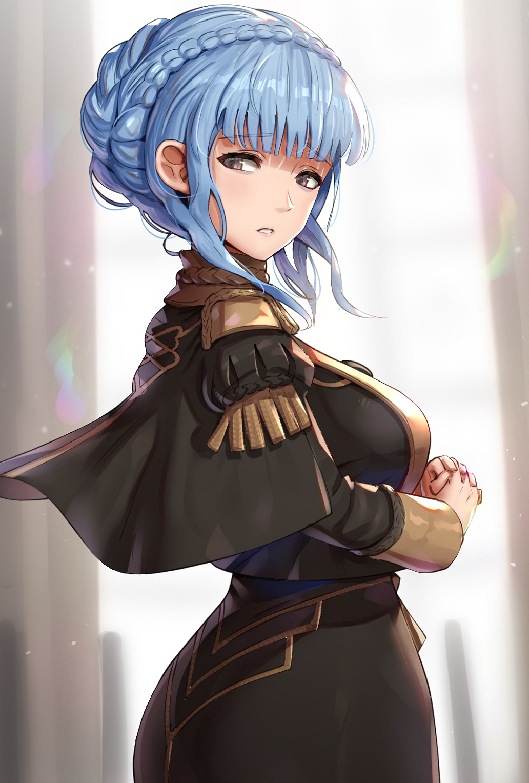 1girls ass ass_in_dress big_ass blue_hair braid breasts brown_eyes capelet commentary crown_braid female female_only fire_emblem fire_emblem:_three_houses garreg_mach_monastery_uniform gonzarez highres large_breasts looking_to_the_side marianne_von_edmund medium_breasts nintendo open_mouth own_hands_clasped own_hands_together sidelocks solo