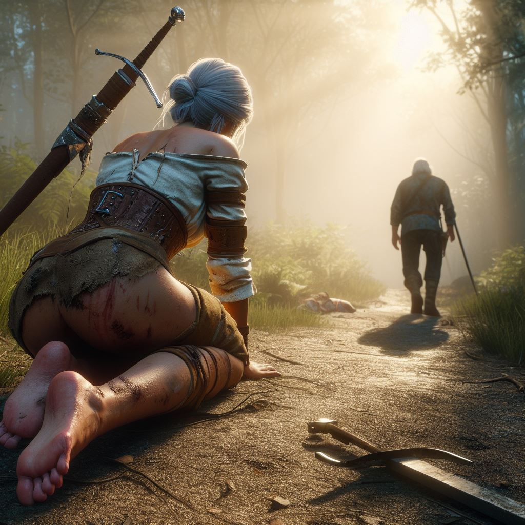 1boy, 1girls, 2d, ai generated, ass, barefoot, ciri, clothing, feet, female, kneeling, male, soles, sword, the witcher (series), the witcher 3: wild hunt, thighs, toes, white hair, witcherzonensfw