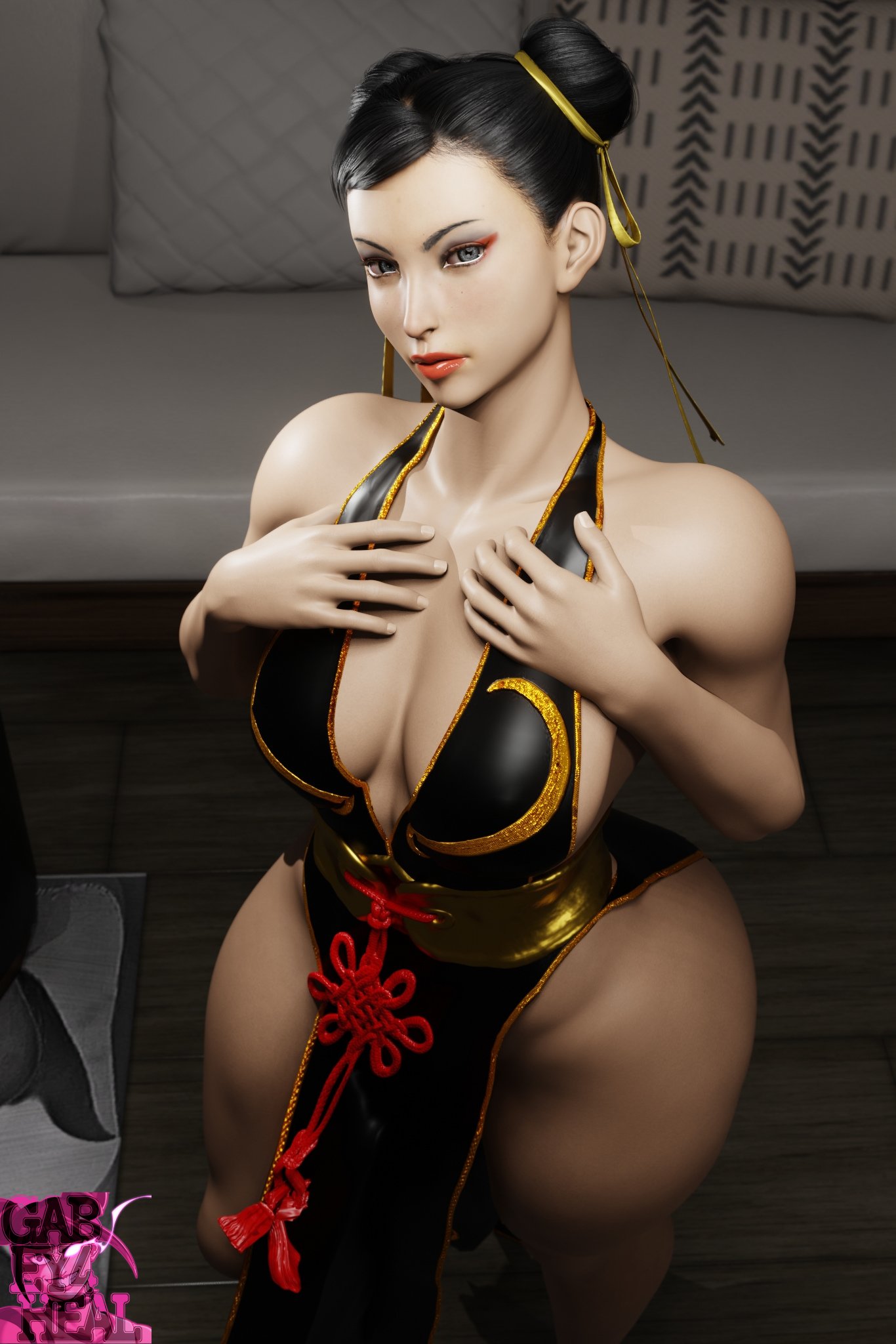 1girls, 3d, alternate costume, alternate version available, asian clothing, big breasts, black dress, black eyes, breasts, brown hair, capcom, chun-li, cleavage, clothing, double bun, dress, ear piercing, earrings, female, female only, gabey4heal, hair, huge breasts, lips, pelvic curtain, solo, solo female, street fighter, street fighter 6, thick lips