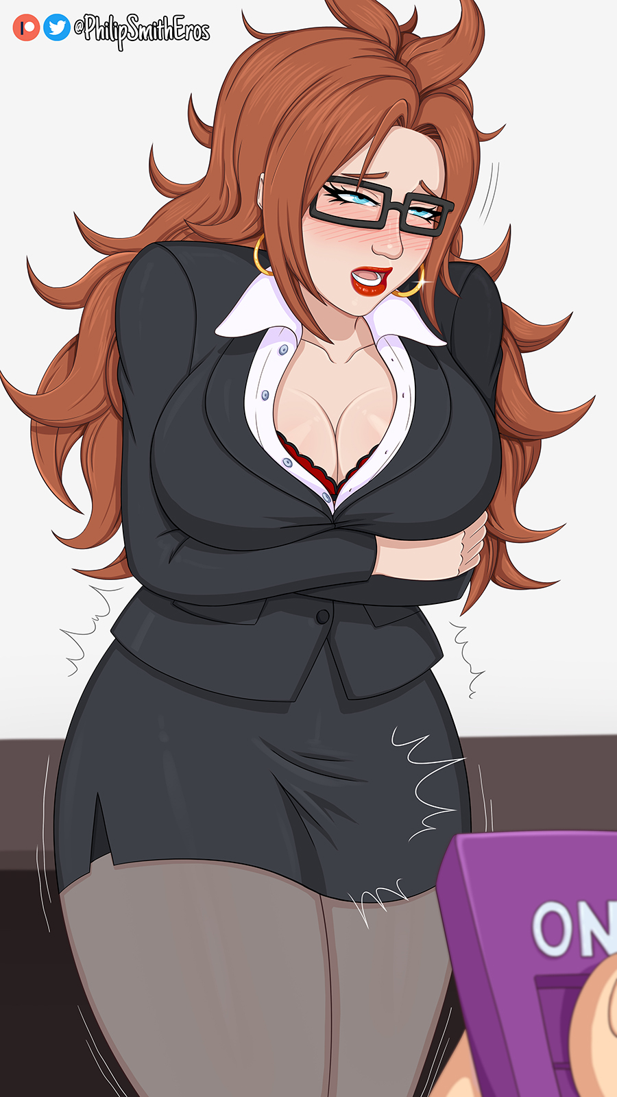 1girls android_21 android_21_(human) arms_under_breasts big_breasts blue_eyes blush brown_hair cleavage dragon_ball dragon_ball_fighterz female glasses hi_res long_hair narrowed_eyes office_lady philipsmitheros pleasure_face red_lipstick stockings thick_thighs