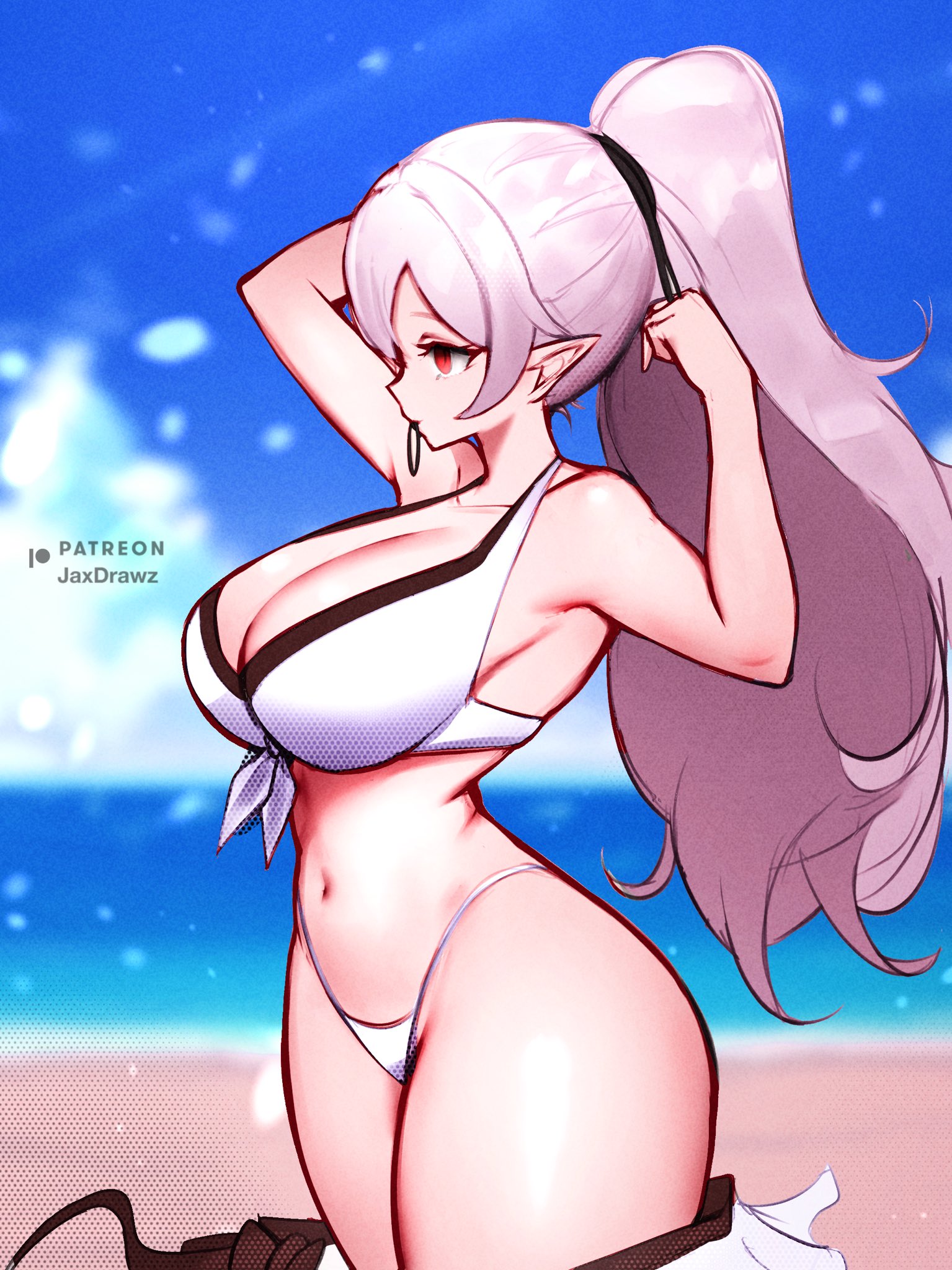 alternate costume, alternate hairstyle, bare thighs, beach, bikini, bikini skirt, breasts, cleavage, corrin (fire emblem), corrin (fire emblem) (female), female, fire emblem, fire emblem fates, fire emblem heroes, grey hair, jaxartdump, large breasts, long hair, mouth hold, nintendo, ocean, official alternate costume, outdoors, pointy ears, red eyes, swimsuit, thighs, very long hair, white bikini, white swimsuit