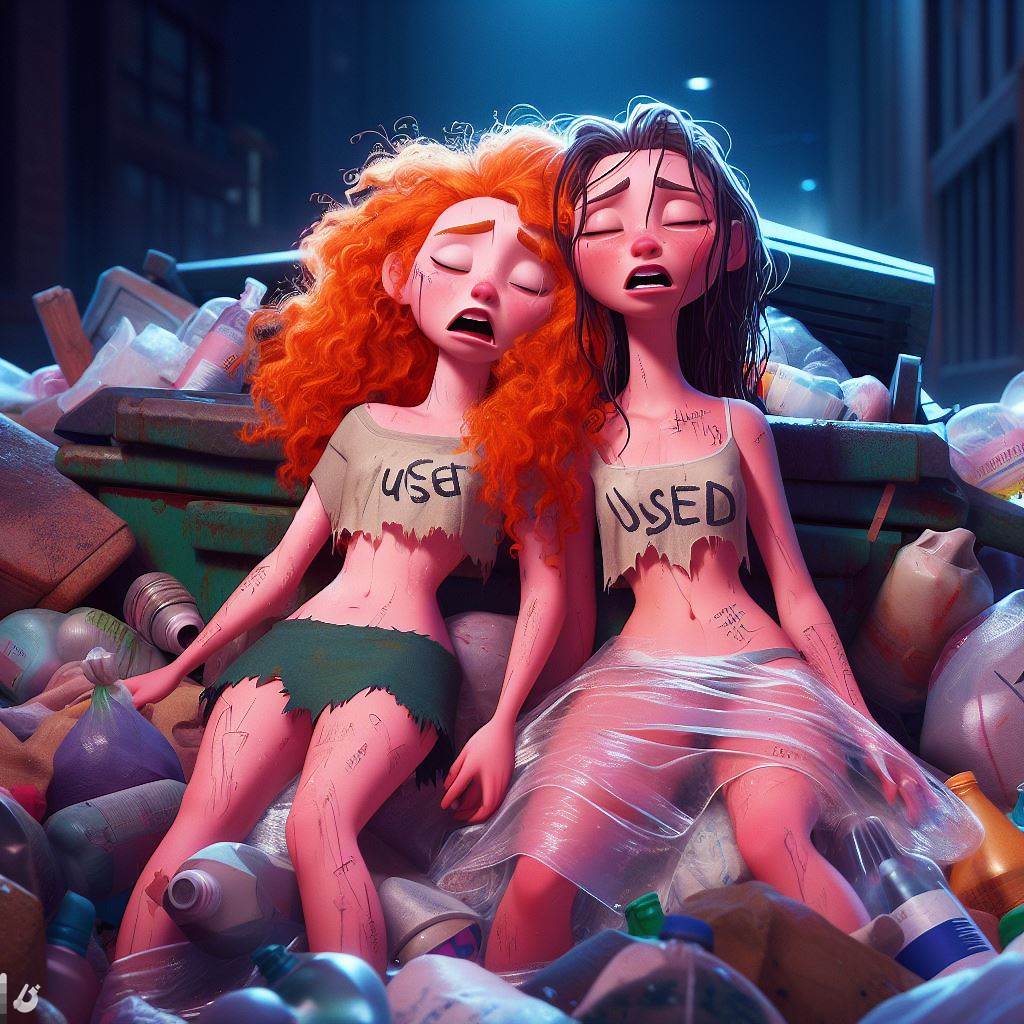 2girls after_sex ai_generated alley brave cum dall-e3 disney disney_princess dumpster female_only merida mother_and_daughter passed_out pixar queen_elinor royalty unconscious used