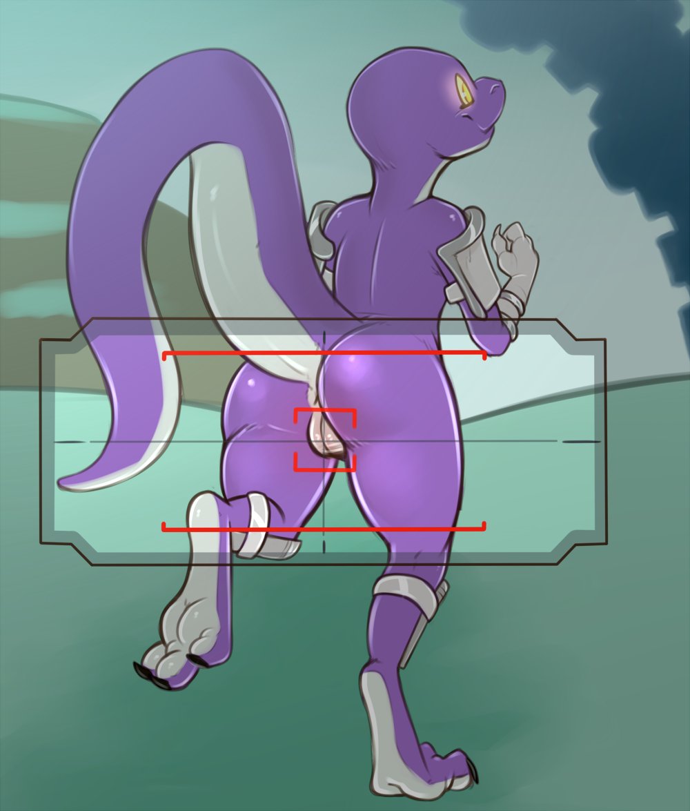 2023 anthro anus ass atane27 black_claws camera_view claws digitigrade feet female full-length_portrait genitals gloves_(marking) glowing glowing_eyes lemurian markings mostly_nude portrait pussy raised_tail rear_view risk_of_rain risk_of_rain_2 running scalie schynbalds smile soles solo tail tan_sclera yellow_eyes