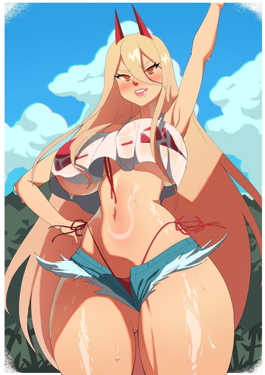 1girls alternate_breast_size blonde_hair breasts chainsaw_man demon demon_girl female horns large_breasts light-skinned_female light_skin long_hair naughty_face power_(chainsaw_man) red_eyes techstylesart thick_thighs wide_hips