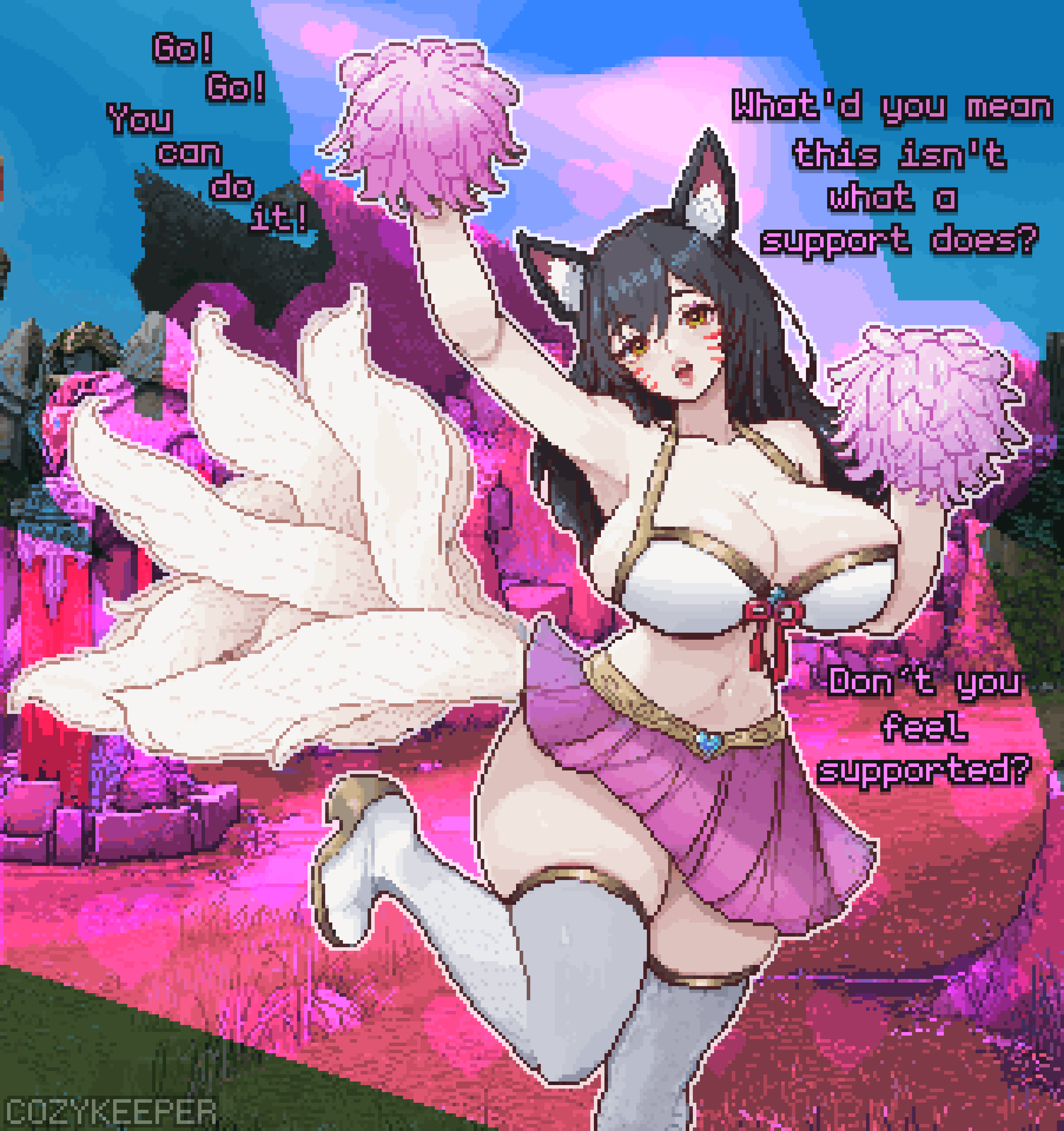 ahri ai_generated big_ass black_hair bursting_breasts cheering cheerleader cheerleader_outfit cheerleader_uniform cleavage cozykeeper female fluffy fox_ears fox_tail foxgirl happy heart huge_breasts league_of_legends miniskirt open_mouth pixel_art pom_poms riot_games skirt solo thick_thighs thighhighs wholesome yellow_eyes