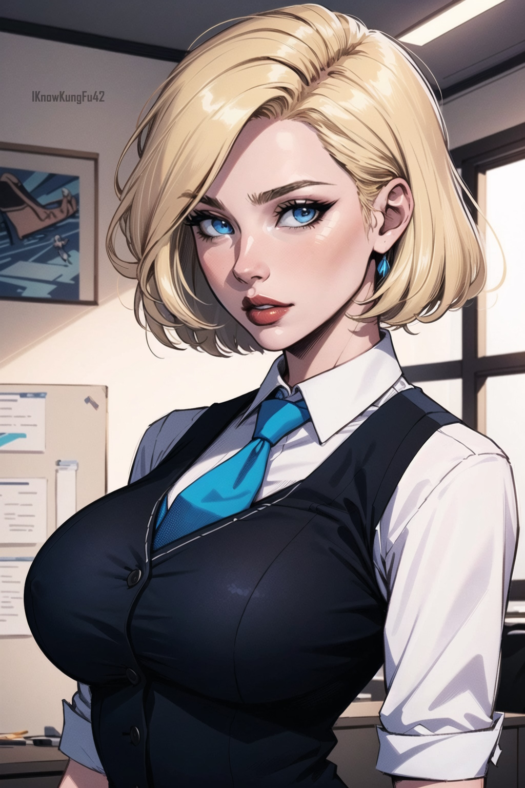 1girls ai_generated artist_name big_breasts big_lips blonde_hair blue_eyes breasts busty clothed clothing collared_shirt detailed_background eyelashes female female_human female_only gwen_stacy gwen_stacy_(spider-verse) huge_breasts human iknowkungfu42 large_breasts light-skinned_female light_skin lips looking_at_viewer marvel office office_lady parted_lips red_lips red_lipstick school_uniform schoolgirl short_hair solo spider-man:_into_the_spider-verse thick_lips tie