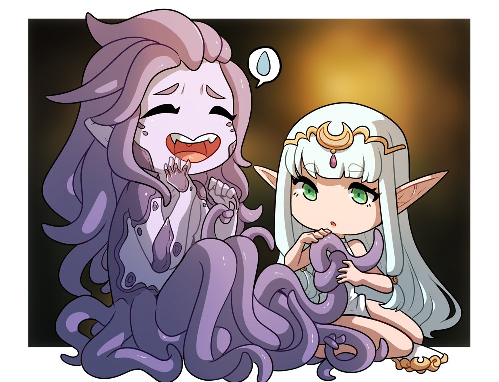 1boy 1girls elf elf_ears elf_female fangs female green_eyes kinkymation long_hair male monster_boy monster_princess_(kinkymation) original original_character pointy_ears purple_body purple_hair tentacle tentacle_hair tentacles white_hair wholesome