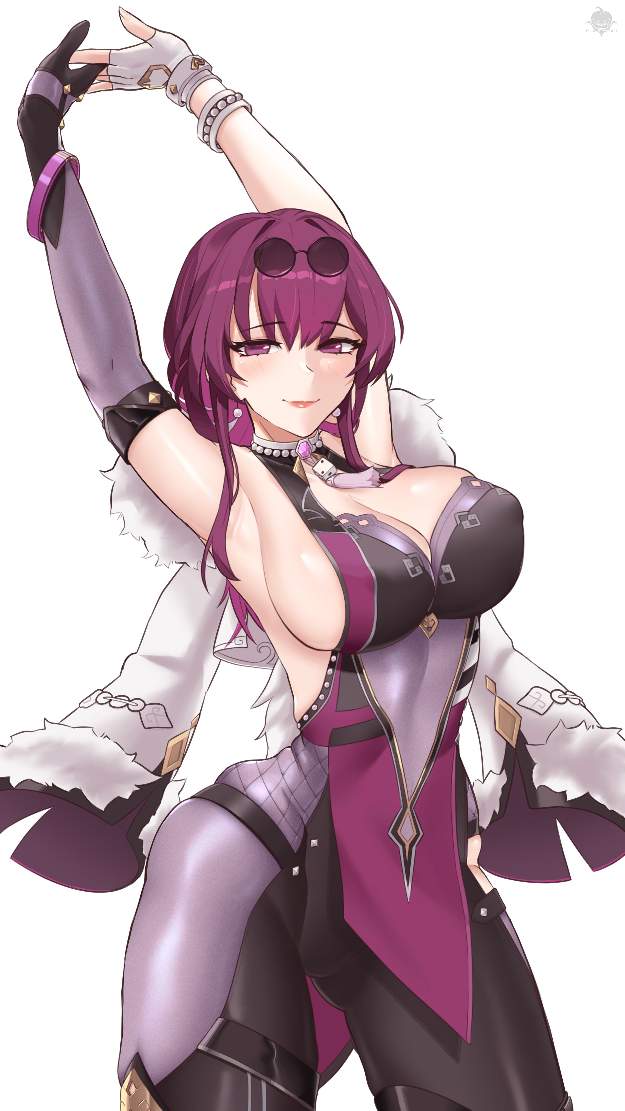 1girls, alternate version available, arms behind head, arms up, armwear, background, big breasts, blush, breasts, cleavage, coat, cosplay, female, female only, fur coat, genshin impact, glasses, glasses on head, hair, headwear, hips, honkai: star rail, huge breasts, kafka (honkai: star rail), lips, mature, mature female, planterak draws, purple eyes, purple hair, smile, solo, solo female, thick thighs, thighs, white background, wide hips, yelan (genshin impact) (cosplay)