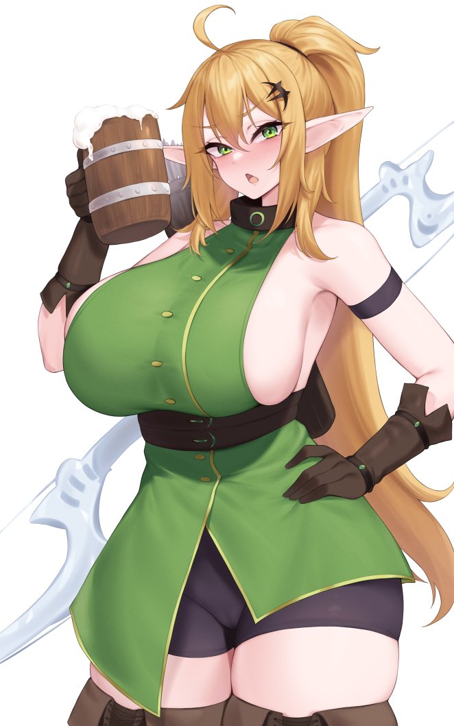 1girls, bikini, blonde hair, breasts, commission, elf, elf ears, elf female, eye-level view, female, female only, hips, huge breasts, kuavera, light skin, light-skinned female, long hair, original, original character, pointy ears, simple background, solo, thick thighs, thighs, wide hips