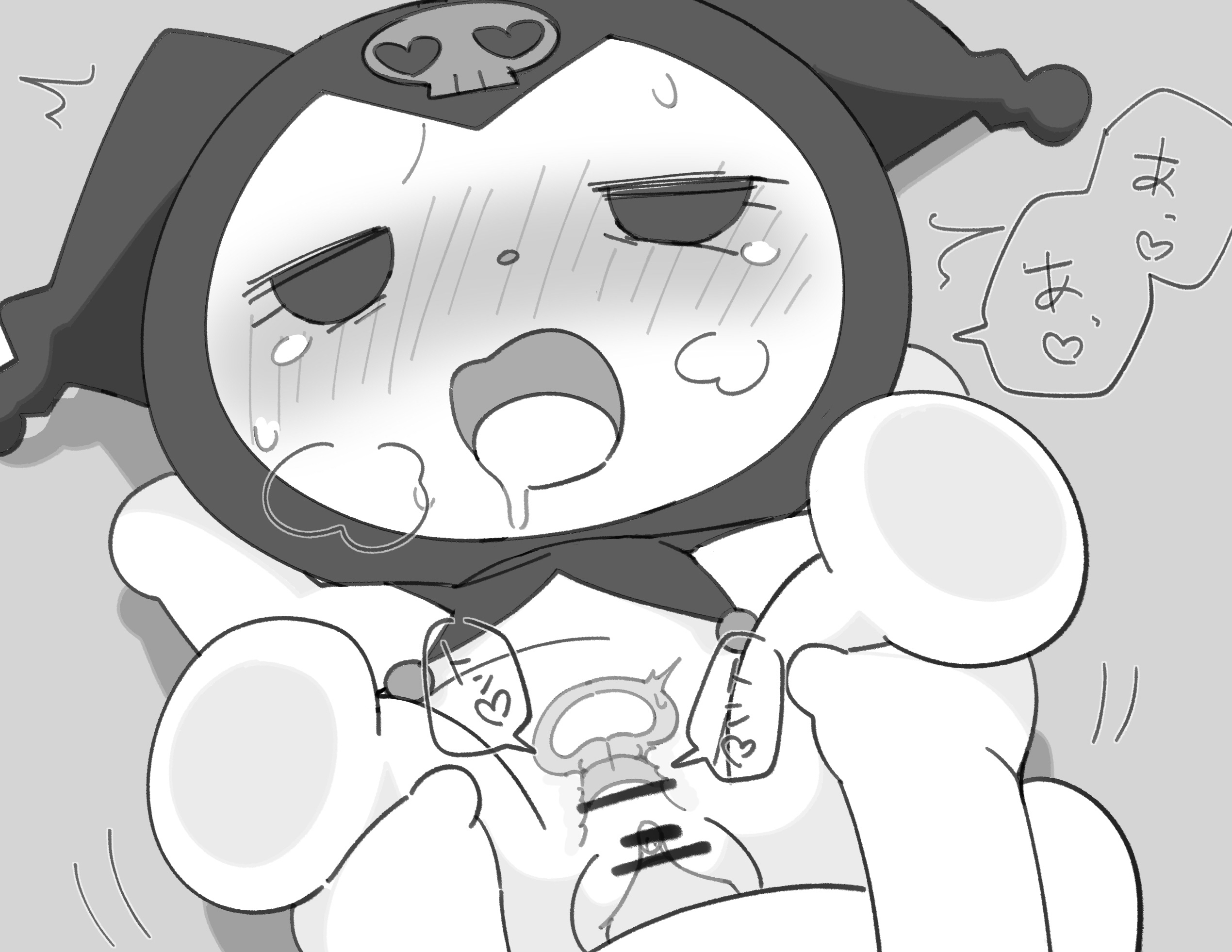 1boy, 1girls, blush, censored, drool, drooling, female, japanese text, kuromi, lagomorph, male, male/female, on back, onegai my melody, panting, pussy, sanrio, tagme, tears, vaginal penetration, x-ray, 豆腐 (artist)