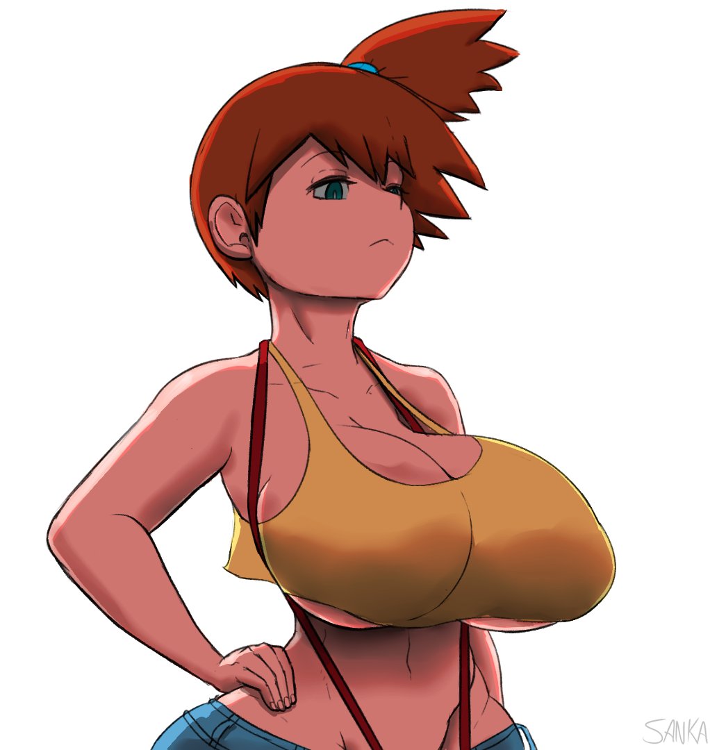 1girls, armpits, arms behind head, asymmetrical hair, blush, breasts, clothed, clothing, cowboy shot, creatures (company), denim, denim shorts, female, female focus, female only, game freak, gen 1 pokemon, green eyes, gym leader, hair, hair between eyes, hair tie, hand on hip, highres, huge breasts, kasumi (pokemon), legs, looking at viewer, midriff, navel, nintendo, open mouth, orange hair, pokemon, pokemon (anime), pokemon (classic anime), ponytail, sanka-tetsu, shirt, short hair, short shorts, shorts, side ponytail, simple background, solo, solo female, suspenders, tank top, tight clothing, white background, wide hips, yellow shirt
