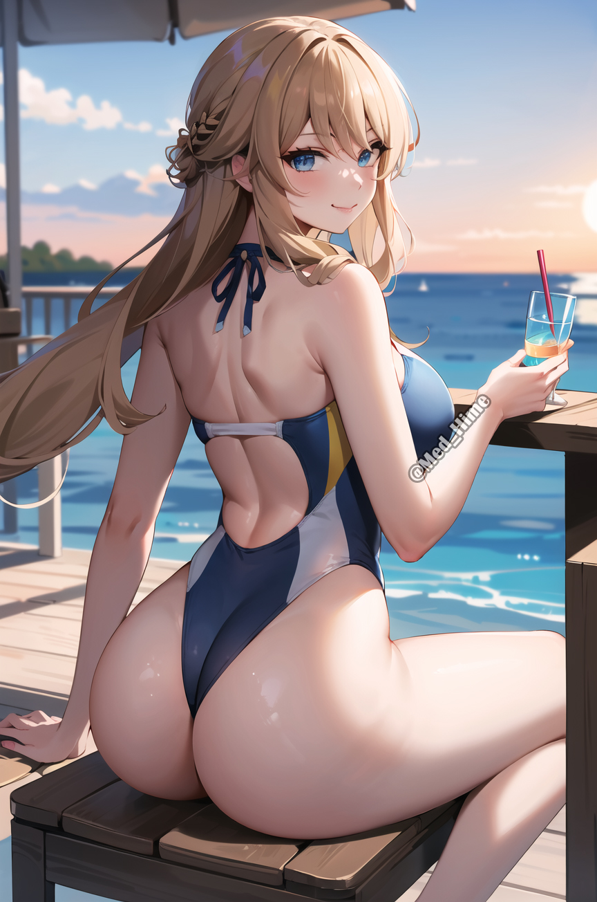 1girls, ai generated, alternate costume, ass, ass focus, bare shoulders, blonde hair, blue eyes, blush, breasts, female, female only, from behind, genshin impact, huge ass, large breasts, long hair, looking at viewer, looking back, med hime, navia (genshin impact), one-piece swimsuit, shiny, shiny clothes, shiny hair, shiny skin, sideboob, sitting, smile, solo, swimsuit, thick thighs, very long hair