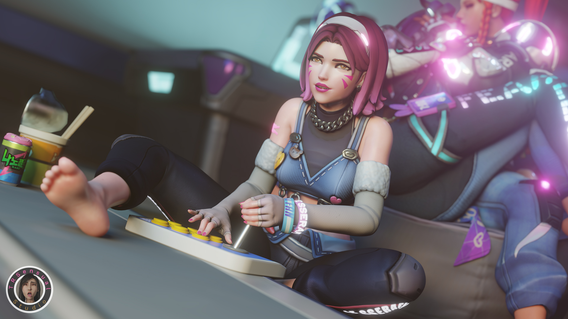 3d, 3girls, antifragile bb, antifragile dazzle, antifragile slay star, ass, big ass, big breasts, breasts, brigitte, clothed, d.va, dark skin, feet, female, female only, foot fetish, foreplay, gaming, ginger, ginger hair, hugging, image setkissing, le sserafim, long hair, medium ass, medium breasts, multiple females, multiple girls, on floor, on lap, orange hair, overwatch, overwatch 2, pink hair, ponytail, purple hair, short hair, small ass, small breasts, sombra, toes, trsensualstudio, watermark