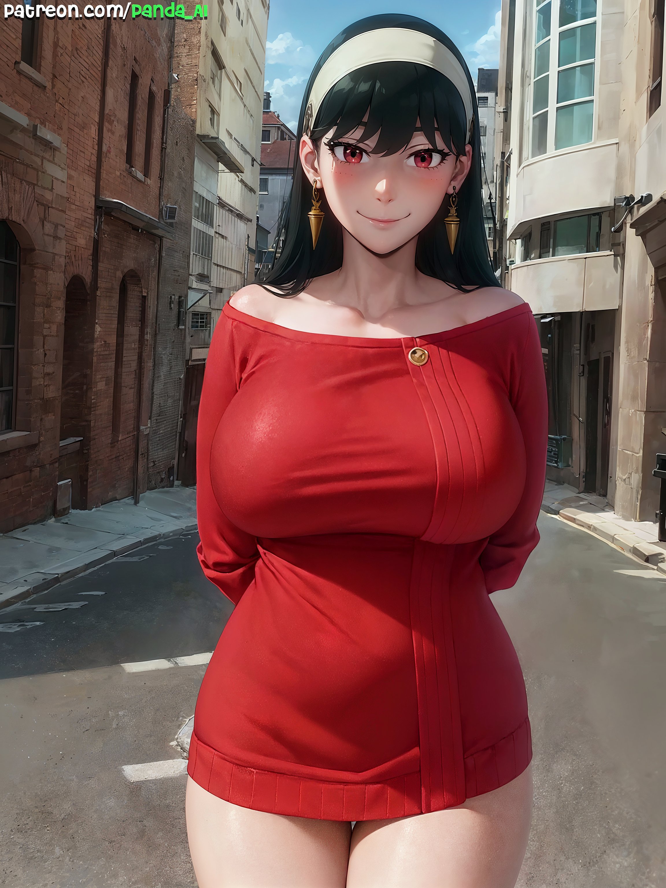 1girls, ai generated, assassin, big breasts, black hair, breasts, drunk, drunk female, earrings, female, hips, huge breasts, light skin, light-skinned female, milf, outdoors, panda ai, panda-ai, realistic, red eyes, smile, spy x family, stable diffusion, sweater, thick thighs, thighs, thorn princess, wide hips, yor briar, yor forger