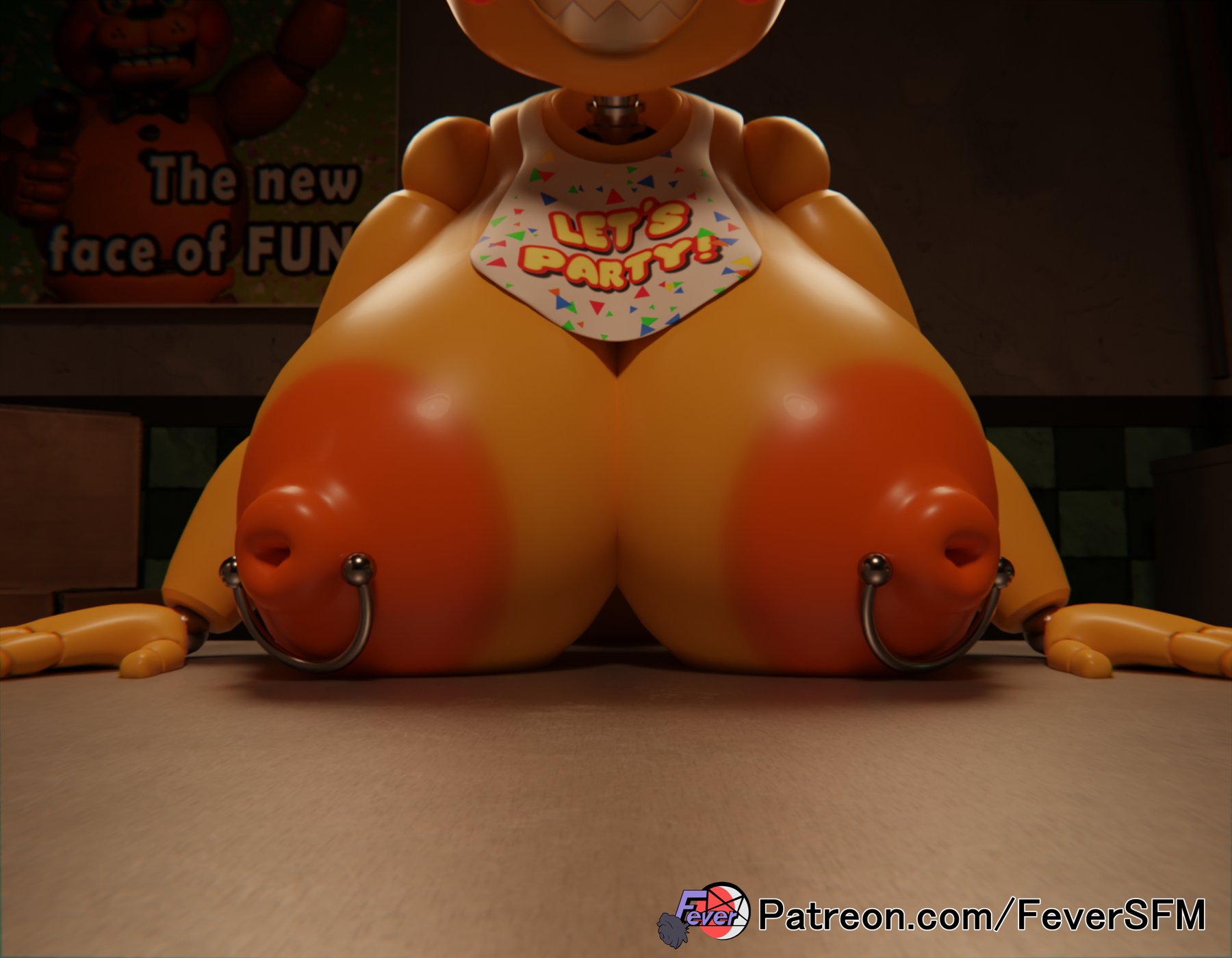 1girls, 3d, animatronic, bib, big breasts, breasts, female, female focus, female only, feversfm, five nights at freddy's, five nights at freddy's 2, joints, large breasts, nipple piercing, nipples, orange nipples, piercing, sharp teeth, solo, toy chica (fnaf), toy chica (love taste), yellow body, yellow skin