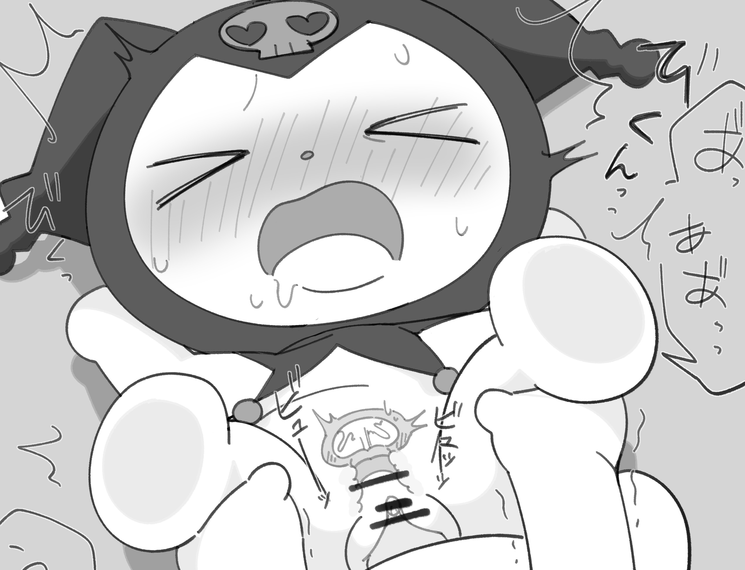 > <, 1boy, 1girls, blush, censored, closed eyes, cum, cum inside, cumming, cumming together, drool, drooling, female, japanese text, kuromi, lagomorph, male, male/female, on back, onegai my melody, panting, pussy, sanrio, tagme, tears, vaginal penetration, x-ray, 豆腐 (artist)