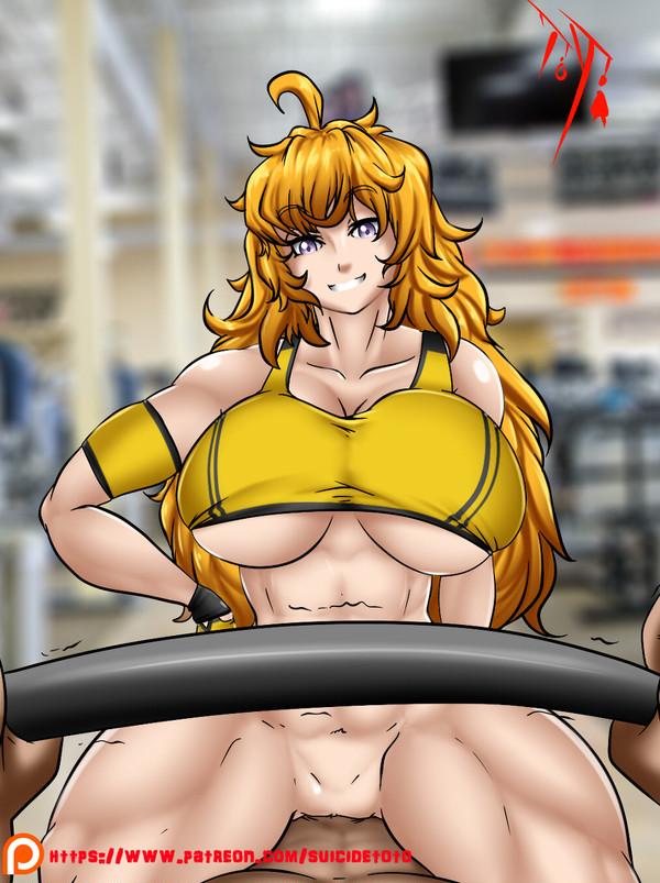 1boy 1girls abs bench_press blonde_female blonde_hair cowgirl_position dark-skinned_male faceless_male gym gym_clothes huge_breasts long_hair long_hair_female pov rwby sex sports_bra straight suicidetoto vaginal_penetration yang_xiao_long