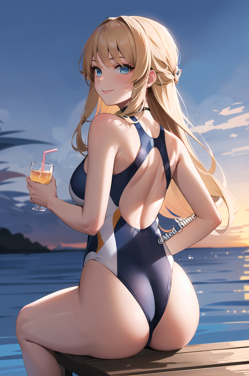1girls, ai generated, alternate costume, ass, ass focus, bare shoulders, blonde hair, blue eyes, blush, breasts, female, female only, from behind, genshin impact, huge ass, large breasts, long hair, looking at viewer, looking back, med hime, navia (genshin impact), one-piece swimsuit, shiny, shiny clothes, shiny hair, shiny skin, sideboob, sitting, smile, solo, swimsuit, thick thighs, very long hair