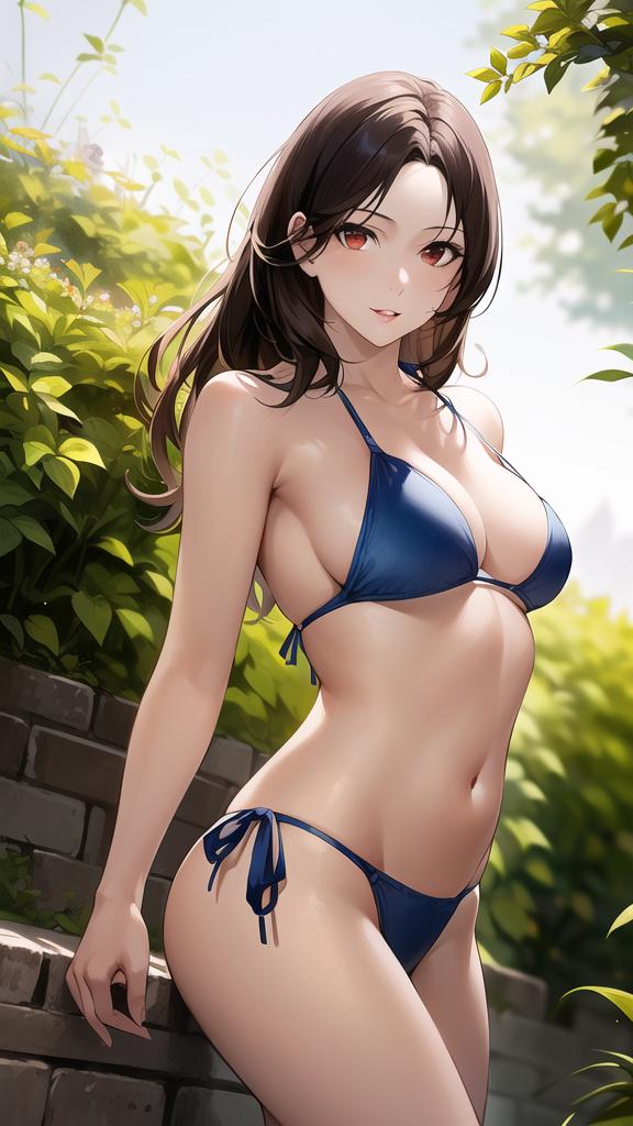 1girls ai_generated ai_mirror belly_button blue_bikini blush brown_hair bush forest long_hair looking_at_viewer red_eyes small_breasts stone_bench tree white_skin