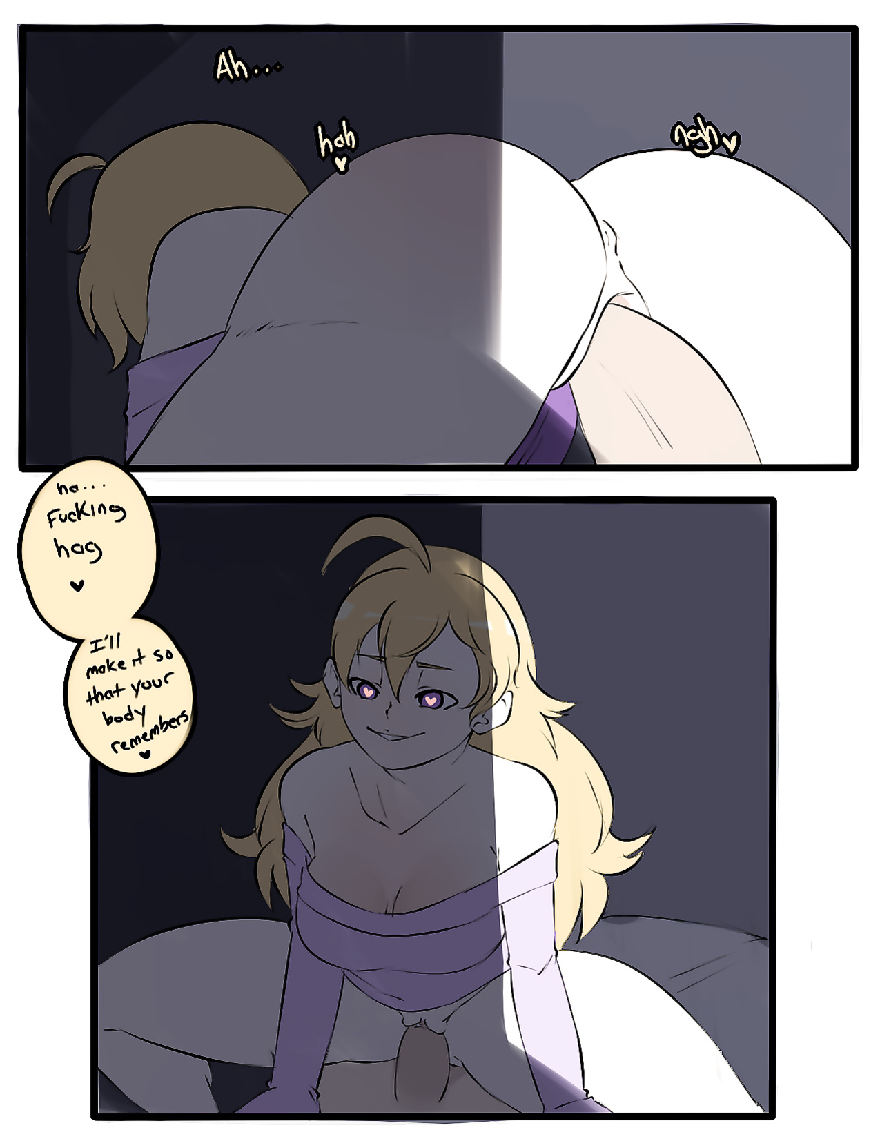 1boy, 1girls, blonde female, blonde hair, cowgirl position, dialogue, faceless male, female, half naked, half-dressed, heart-shaped pupils, inuyuru, jaune arc, long hair, long-haired female, male, penetration, purple eyes, rwby, sex, straight, yang xiao long