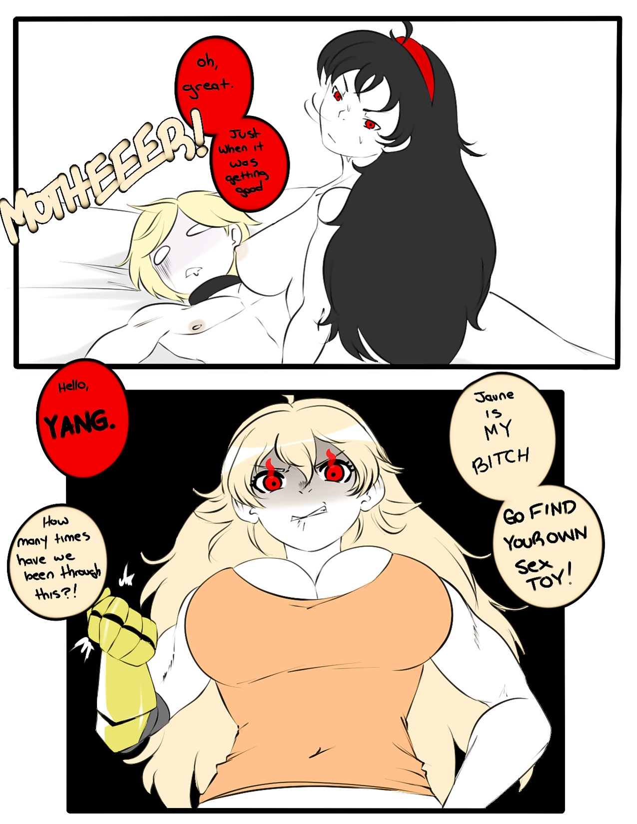 1boy, 2girls, angry, black hair, black-haired female, blonde female, blonde hair, breasts, clothed female, female, inuyuru, jaune arc, long hair, long-haired male, male, mother and daughter, nude, nude female, nude male, older female and younger male, raven branwen, red eyes, robotic arm, rwby, tired, tired eyes, yang xiao long