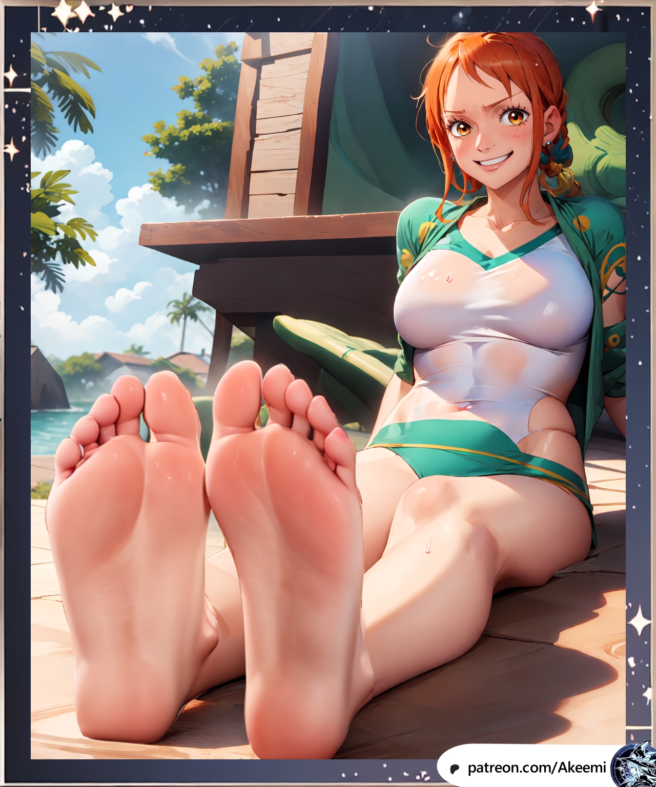 ai generated, akeemi, bare legs, barefoot, beach, breasts, feet, feet together, feet towards viewer, female, female only, looking at viewer, nami (one piece), one piece, orange eyes, orange hair, pre-timeskip, summer, sunny, swimsuit, tattoo, toes