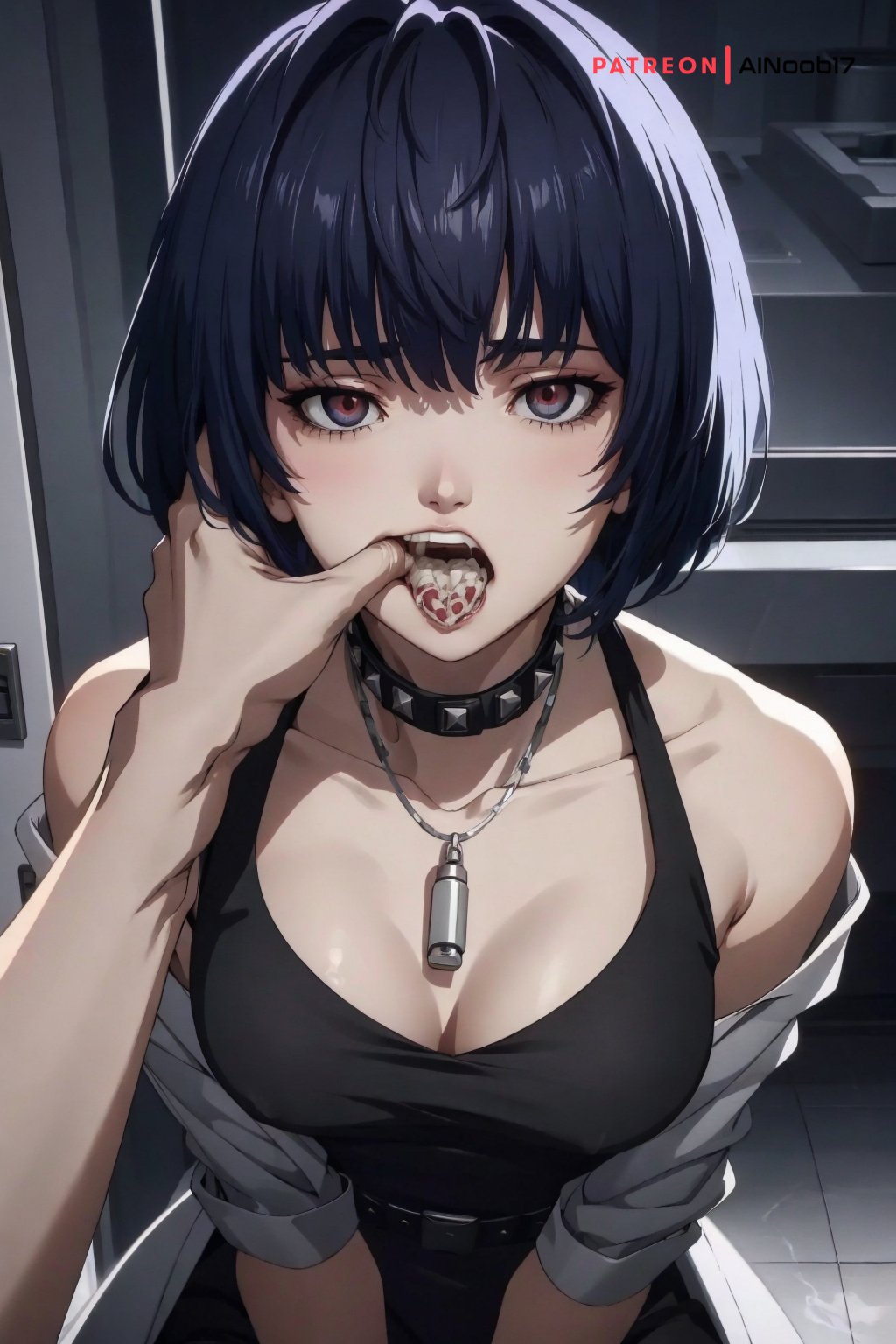 ai generated, ainoob17, cum, cum in mouth, female, finger in mouth, finger to mouth, goth, goth girl, oral creampie, persona, persona 5, shin megami tensei, stable diffusion, tae takemi, tagme