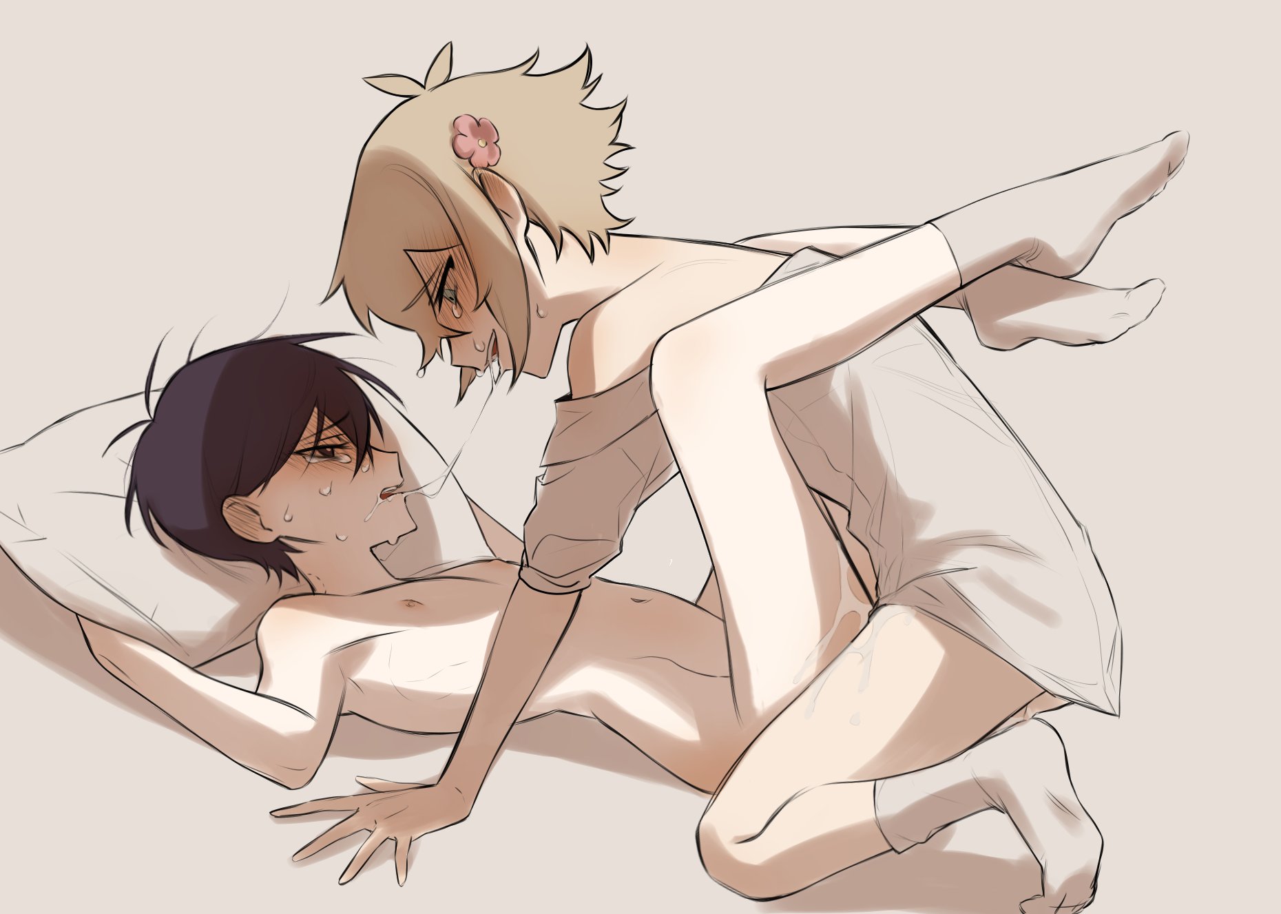2boys, basil (omori), black hair, blonde hair, crying, cum, cum inside, gay, male, male only, missionary position, nude, nude male, omori, saliva, socks, sunflower (omori), sunny (omori), yaoi