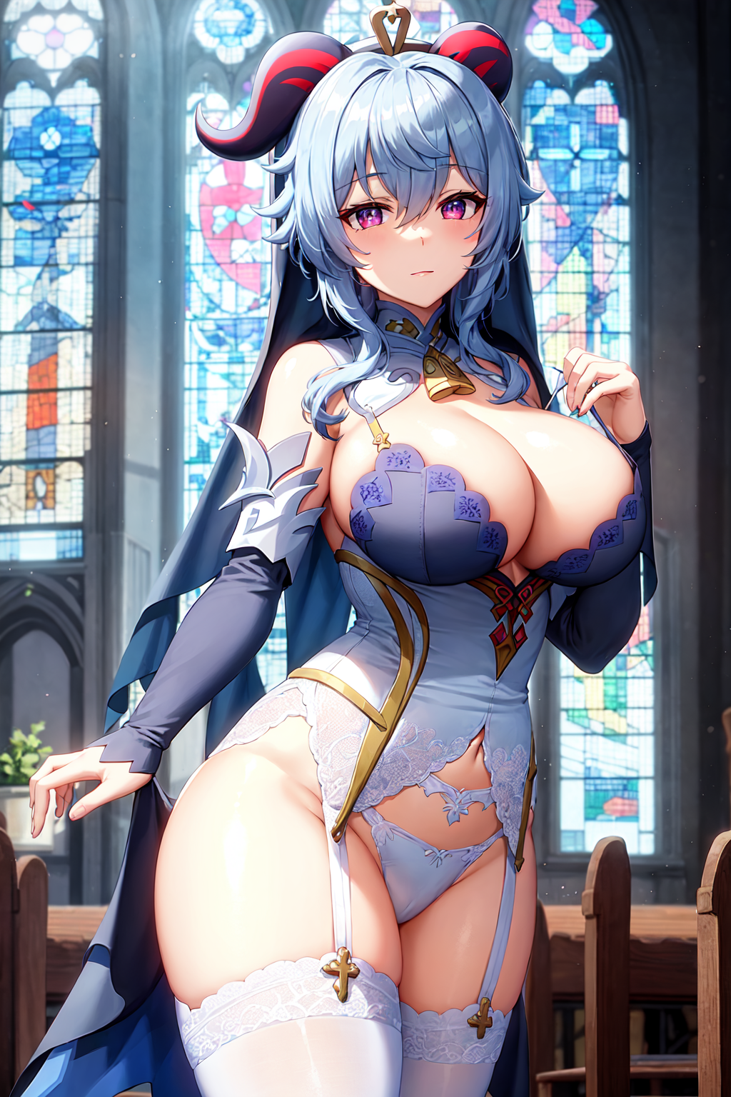 ai_generated blue_hair breasts cameltoe church detatched_sleeves gangyu ganyu_(genshin_impact) garter_belt garter_straps genshin_impact habit hips horns large_breasts multicolored_eyes navel nun nun's_habit panties purple_eyes thick_thighs white_garter_straps white_panties wide_hips