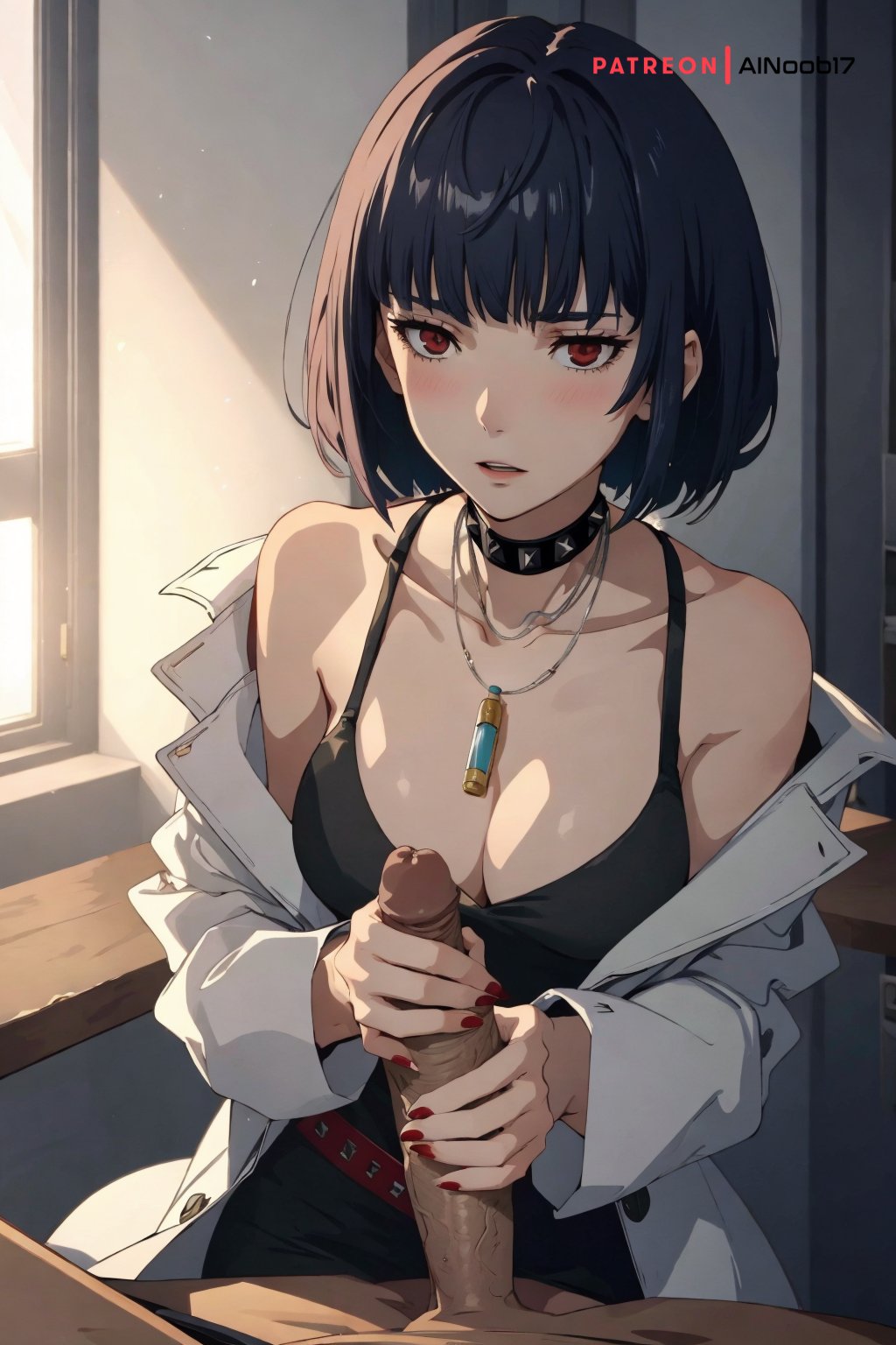 ai generated, ainoob17, female, goth, goth girl, handjob, male, penis, persona, persona 5, shin megami tensei, stable diffusion, tae takemi, tagme