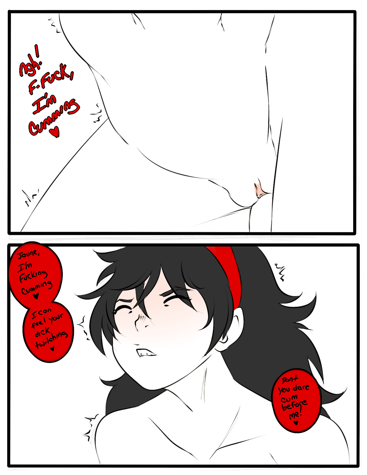1boy, 1girls, about to cum, black hair, black-haired female, cowgirl position, english text, faceless male, female, inuyuru, jaune arc, long hair, long-haired female, male, nude, nude female, nude male, penetration, raven branwen, rwby