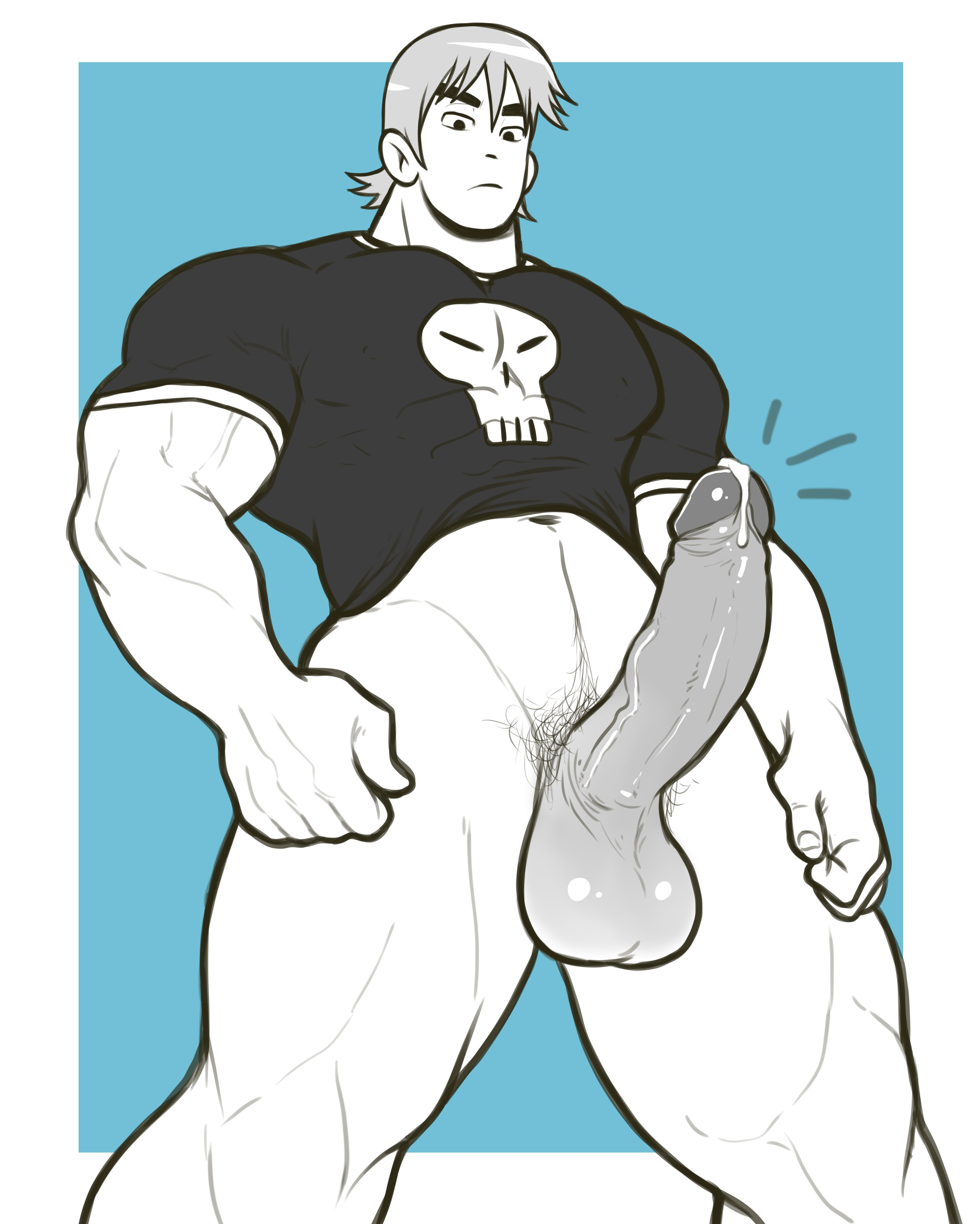 1boy, 2023, bara, clothing, cum, cum drip, cum dripping from penis, erection, gay, genital fluids, hairy, hairy male, hard on, hoybarartist, looking at viewer, male, male focus, male only, male pubic hair, masculine male, monochrome, muscular, muscular male, penis, pubic hair, scott pilgrim, scott pilgrim takes off, solo, solo male, tight clothing, todd ingram, yaoi