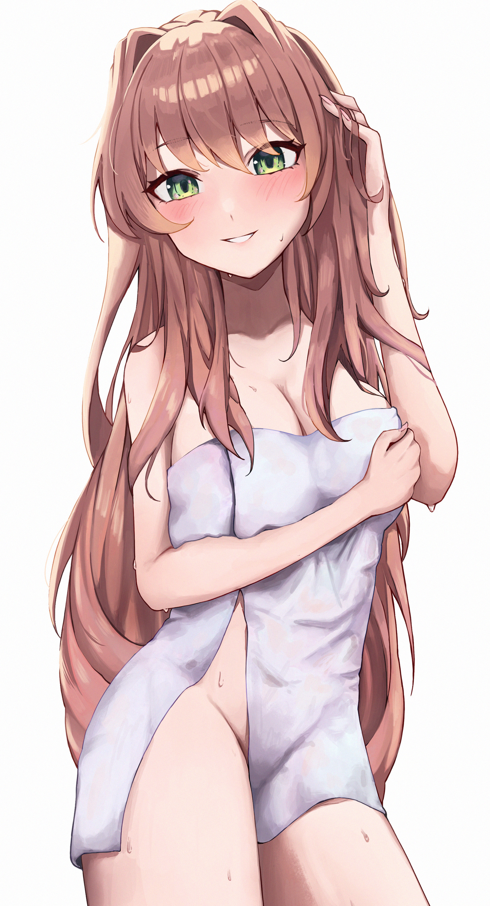1girls, blush, breasts, brown hair, doki doki literature club, eyebrows visible through hair, female, green eyes, hair down, happy, holding towel, light skin, light-skinned female, looking at viewer, messy hair, monika (doki doki literature club), smile, smiling, smiling at viewer, towel, towel around waist, towel only, vicarious (vicillust), wet, wet body, wet hair, white background, wholesome