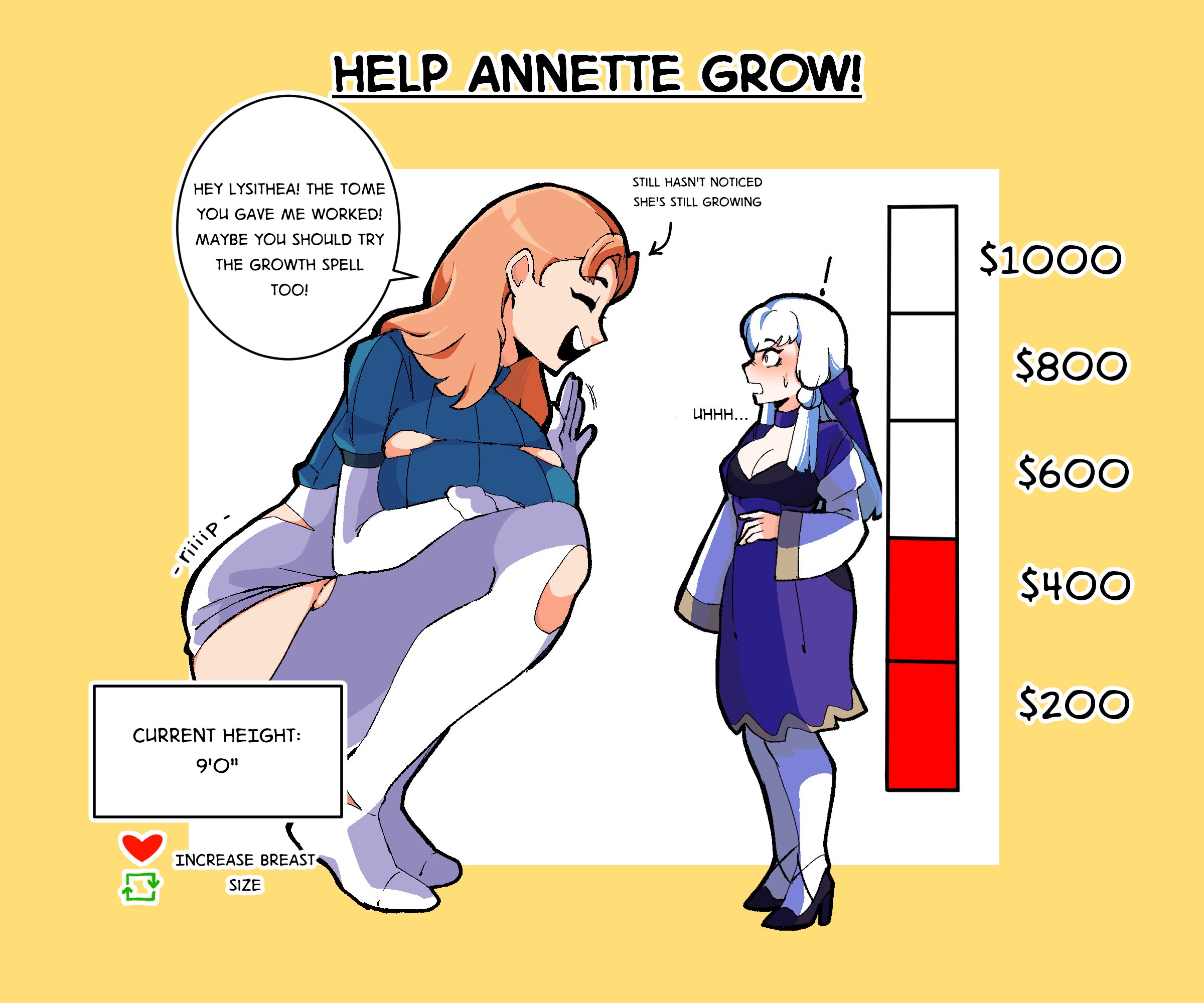 !, 2girls, annette fantine dominic, bluueygooey, boots, breast expansion, breast growth, breast growth (enlargement), breasts, cleavage, clothing, dress, english text, female, fire emblem, fire emblem: three houses, giantess, growth, growth drive, growth sequence, happy, high heels, huge breasts, large female, larger female, long hair, long sleeves, lysithea von ordelia, macro, magic, medium breasts, medium hair, mini giantess, multiple females, multiple girls, nintendo, open mouth, orange hair, pantyhose, pink eyes, post-timeskip, shocked, size difference, size transformation, smile, sound effects, squatting, sweater, tall female, text, thigh boots, tiptoes, torn clothes, transformation, unaware, undersized clothes, wardrobe malfunction, waving, white hair, wide eyed, yellow background