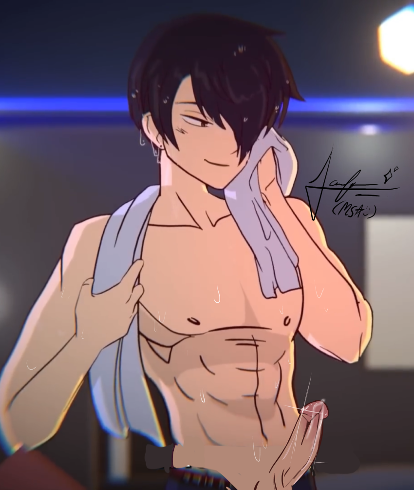 1boy bangs black_hair dark_hair edit edited edited_screencap enzo_(my_story_animated) first_porn_of_character male male_only my_story_animated penis penis_out solo solo_focus solo_male towel youtube