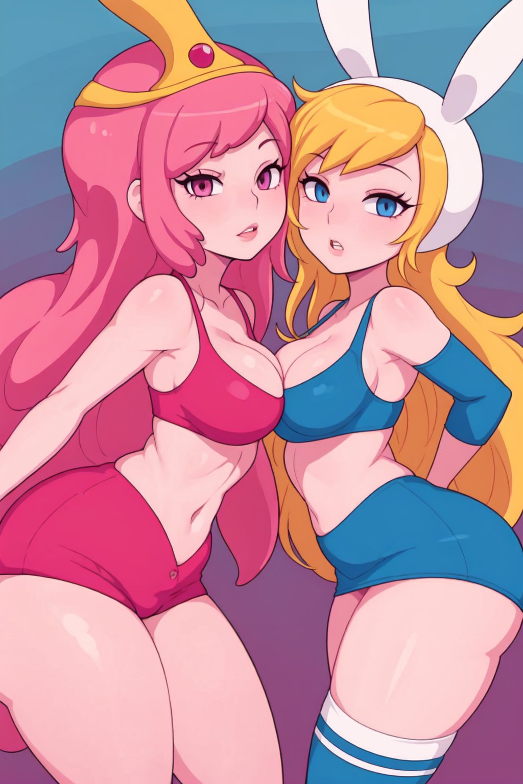 2girls, adventure time, ai generated, big breasts, blonde hair, blue eyes, breasts, cartoon network, clothed, clothing, curvy, female, female only, fionna the human girl, long hair, navel, pink body, pink eyes, pink hair, pink skin, princess bubblegum, rocksolidart, thick thighs, thighhighs, wide hips