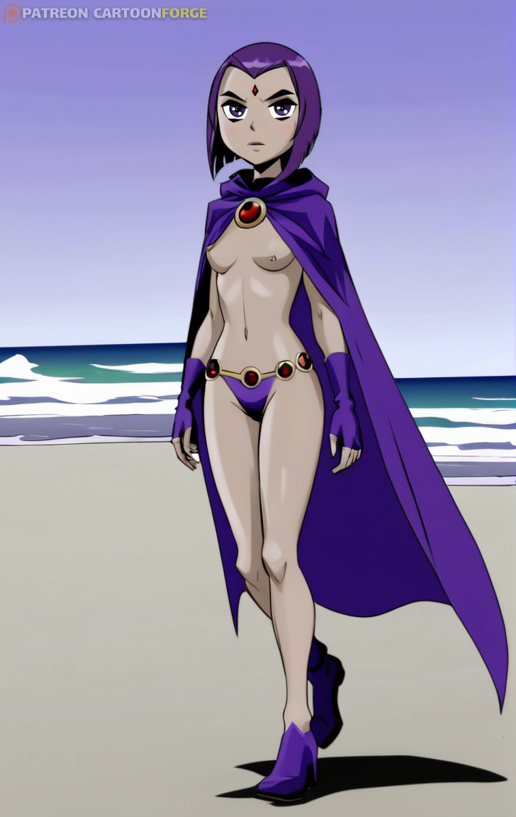 ai_generated bottomless breasts cape cape_only cartoonforge cartoony casual_exposure casual_nudity dc naked naked_female nipples nude nude_female public public_nudity rachel_roth raven_(dc) superhero superhero_costume superheroine teen_titans